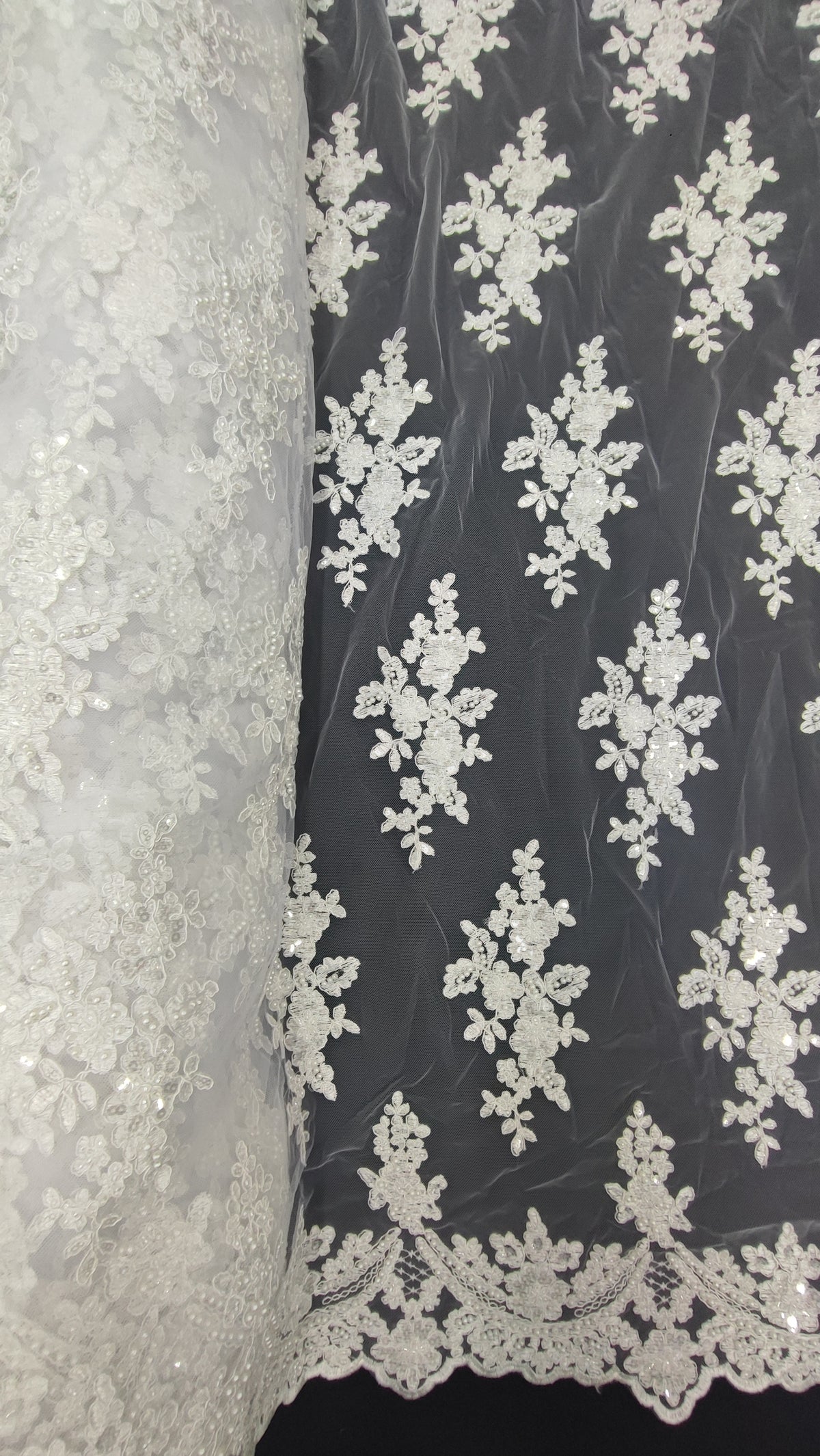 Tul Bordado Floral Con Perlas Y Lentejuela Color Hueso- HH016 ideal para vestidos de noche y de XV años