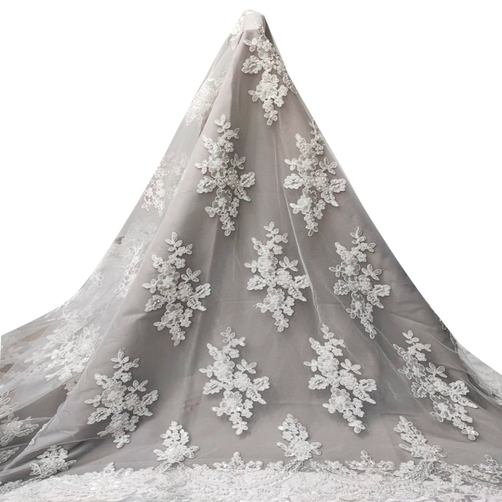 Tul Bordado Floral Con Perlas Y Lentejuela Color Blanco- HH016 ideal para vestidos de noche y de XV años