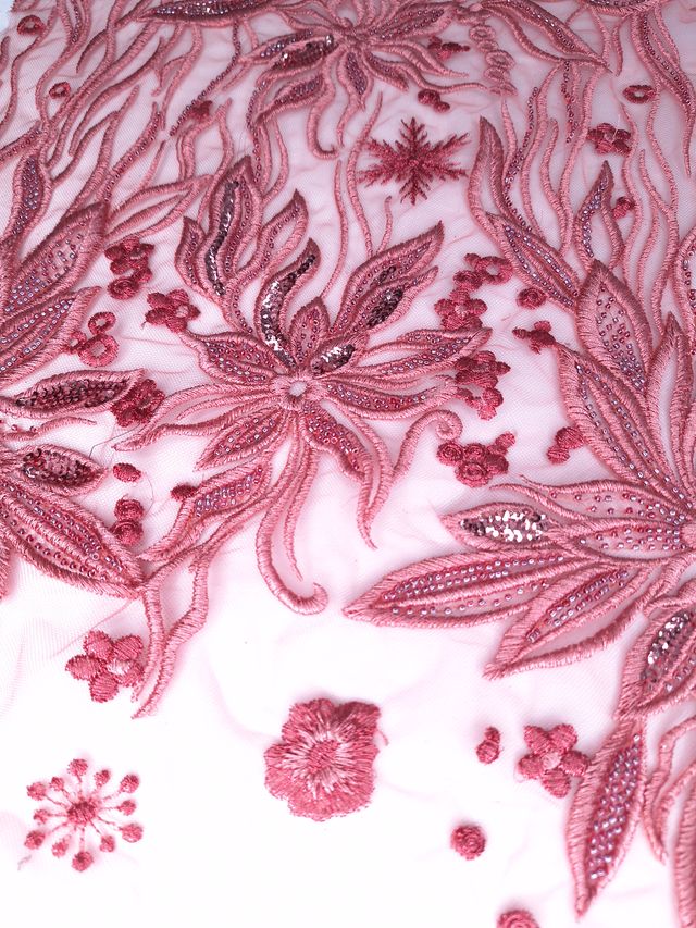 Tul bordado color coral A588, ideal para vestidos de noche de boda y de XV años