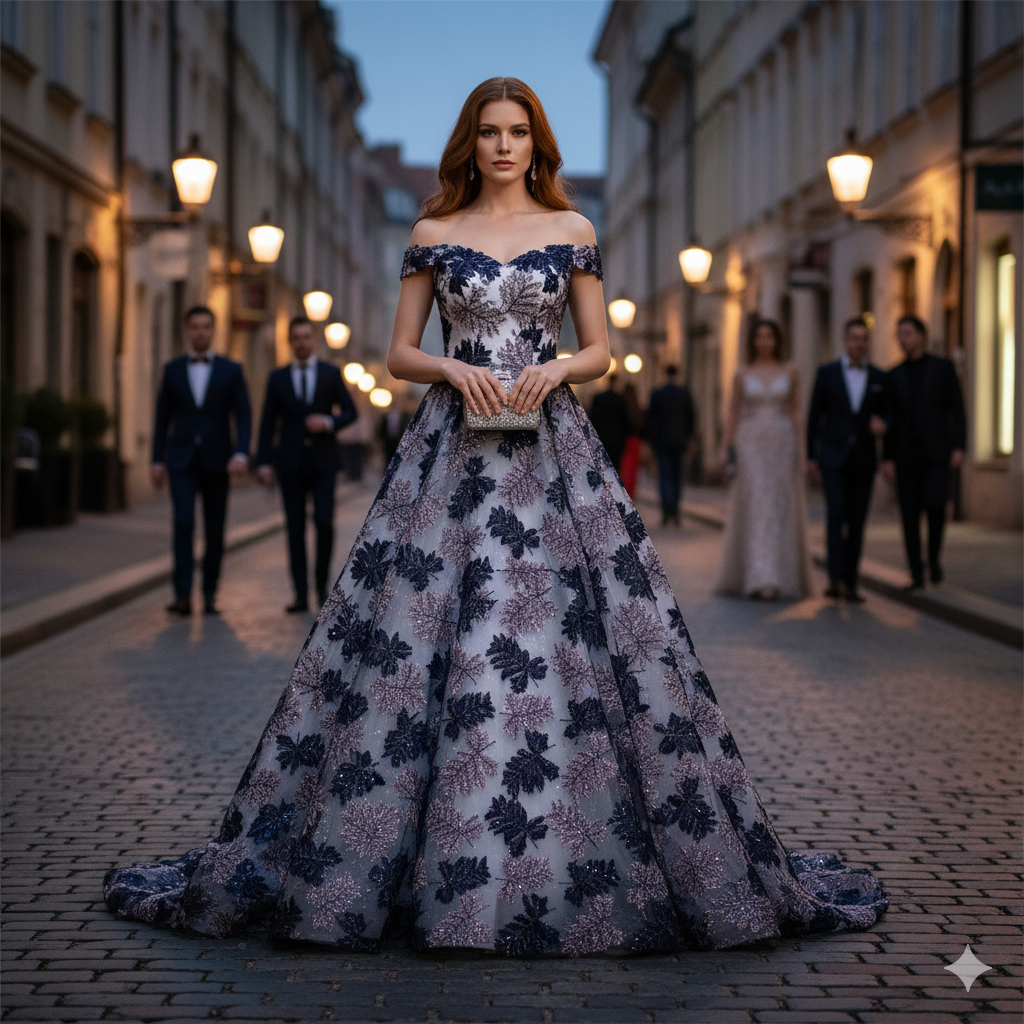 Tul bordado color marino A636, ideal para vestidos de noche de boda y de XV años
