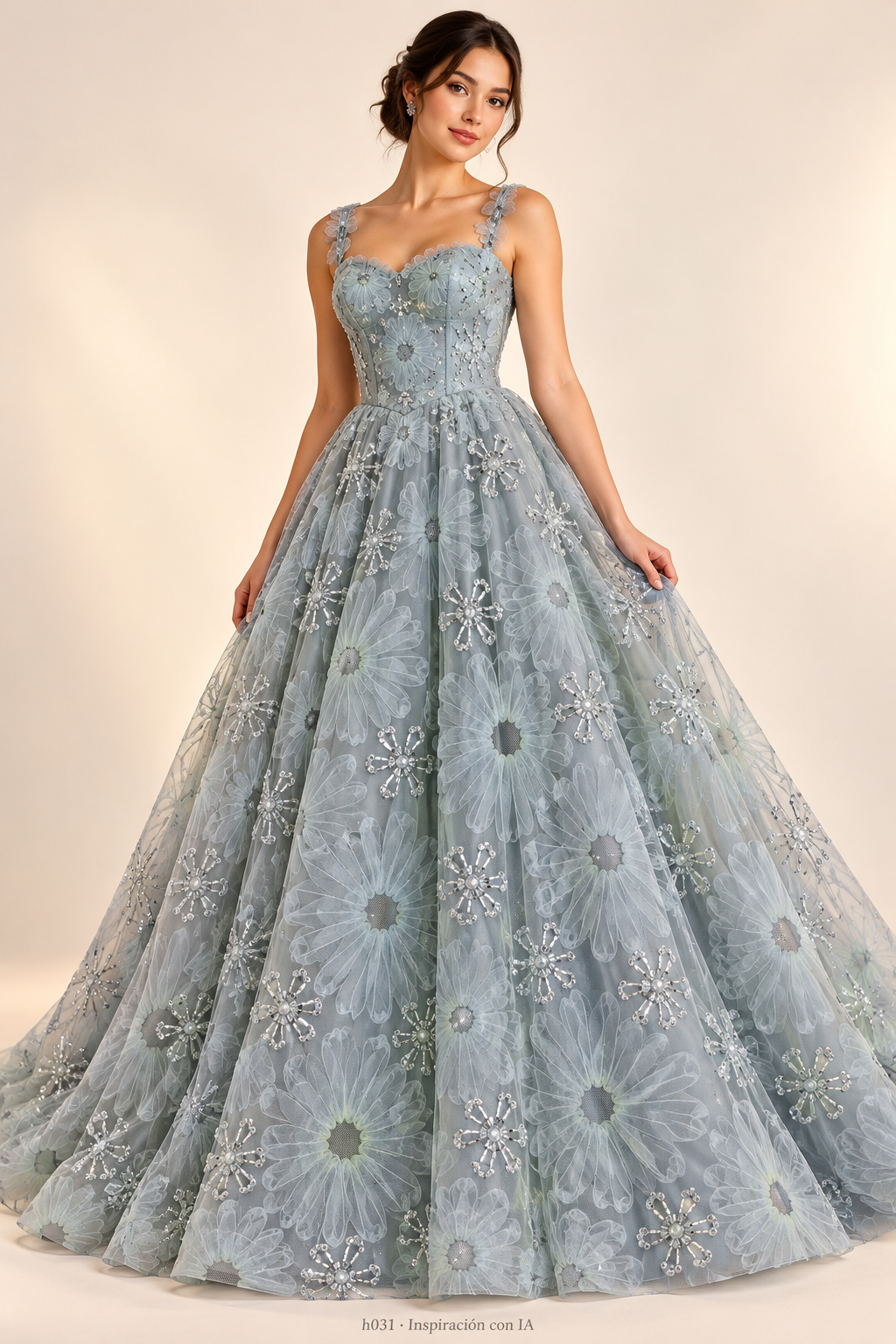 h031 · Inspiración de vestido generada con IA basada en esta tela. Se vende tela por metro.