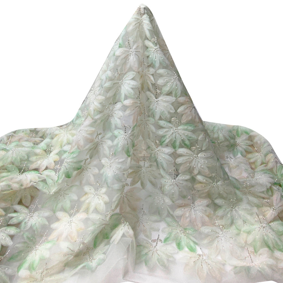 Tul Bordado Floral Con Perlas, Chaquira Y Canutillo  Color Verde - HH028 ideal para vestidos de noche de boda y de XV años