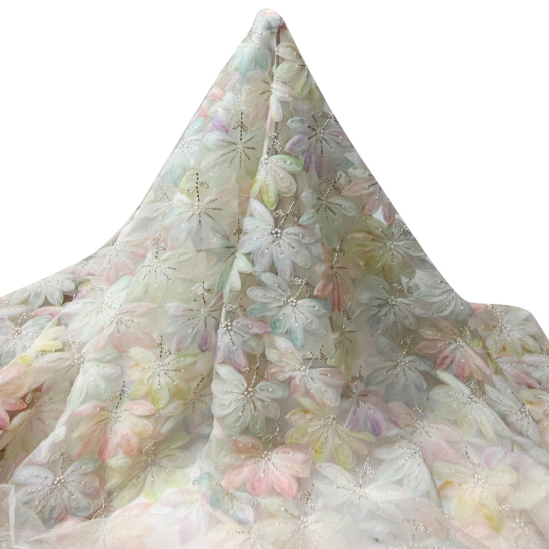Tul Bordado Floral Con Perlas, Chaquira Y Canutillo  Color Verde Oro- HH028 ideal para vestidos de noche de boda y de XV años