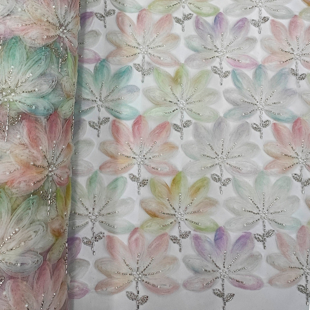 Tul Bordado Floral Con Perlas, Chaquira Y Canutillo  Color Verde Oro- HH028 ideal para vestidos de noche de boda y de XV años