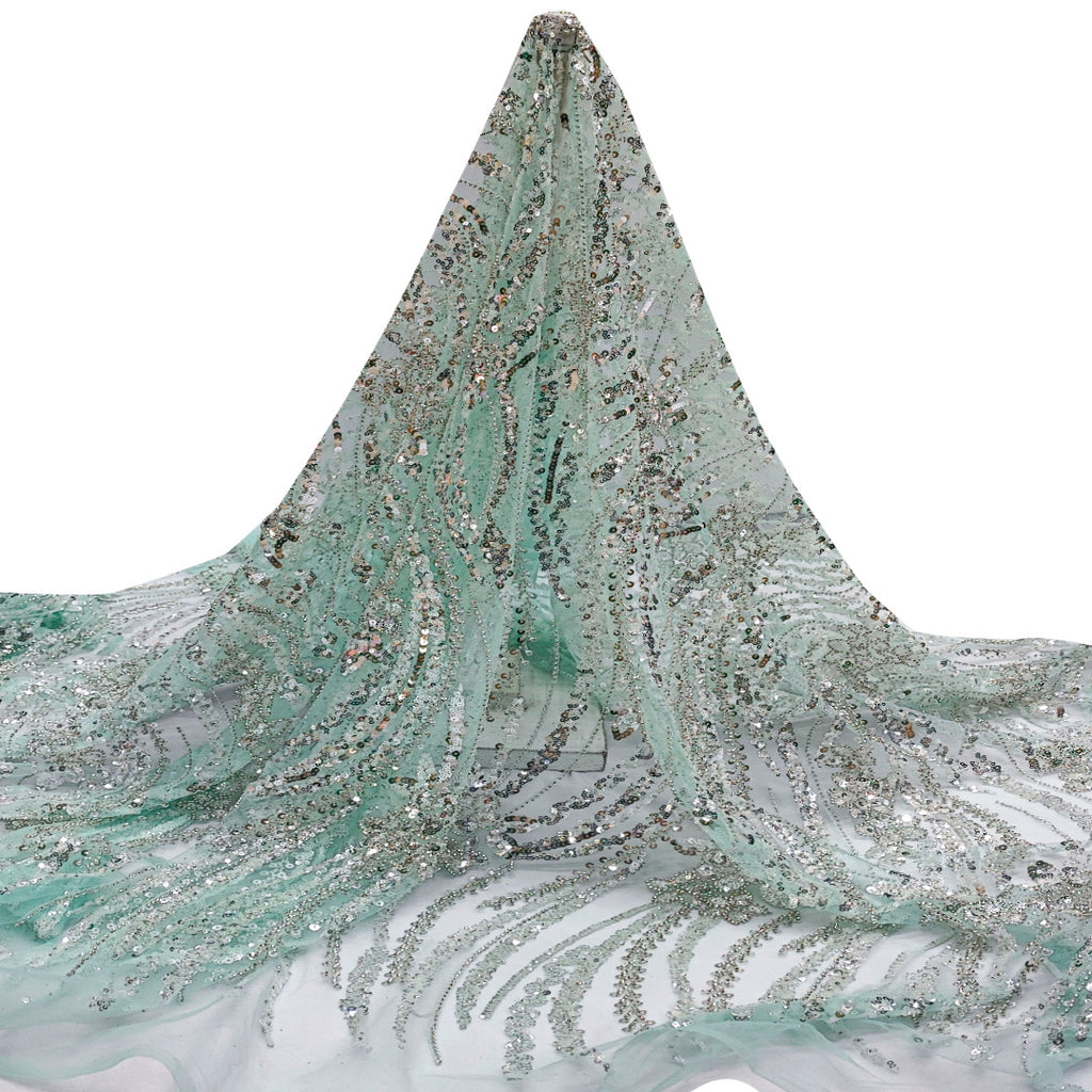 Tul Bordado Con Diseño Con Lentejuela Y Chaquira Color Menta- HH043 ideal para vestidos de noche de boda y de XV años