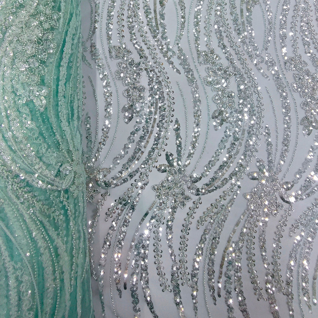 Tul Bordado Con Diseño Con Lentejuela Y Chaquira Color Menta- HH043 ideal para vestidos de noche de boda y de XV años