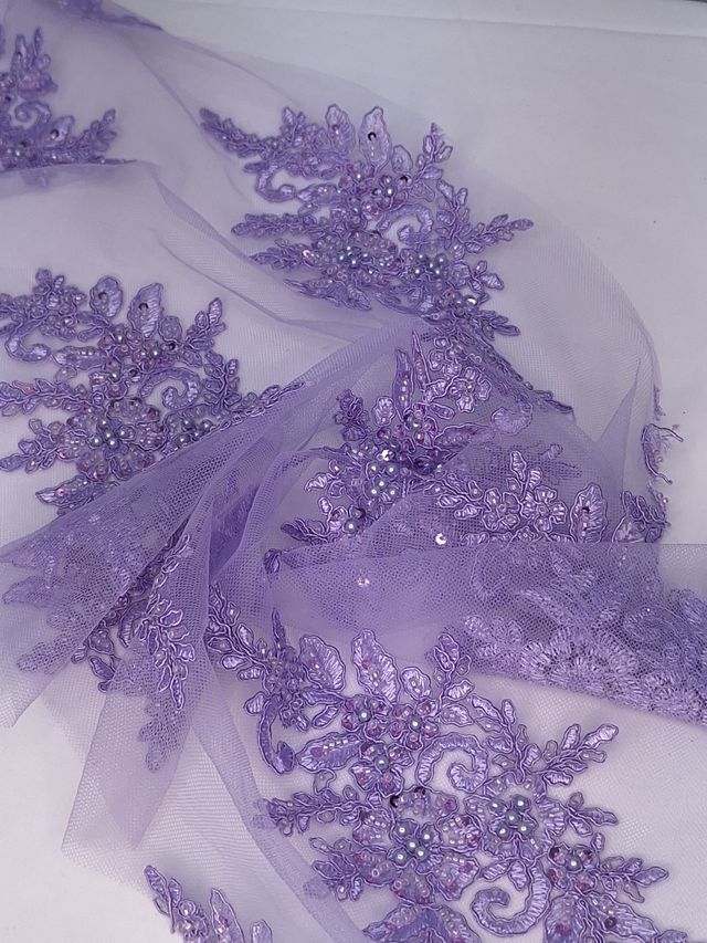 Tul bordado color lila A948, ideal para vestidos de noche de boda y de XV años