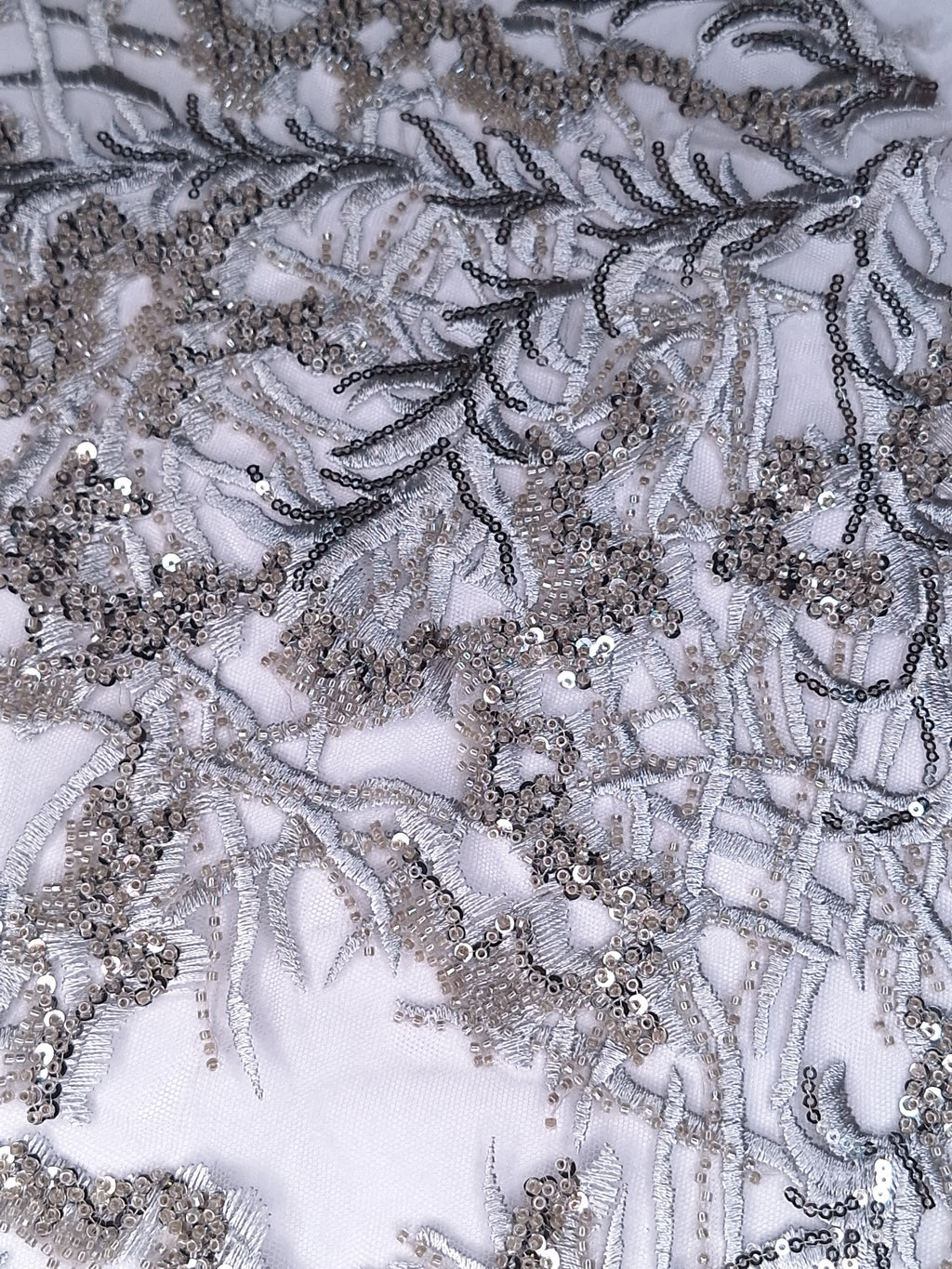 Tul bordado color plata A873, ideal para vestidos de noche de boda y de XV años