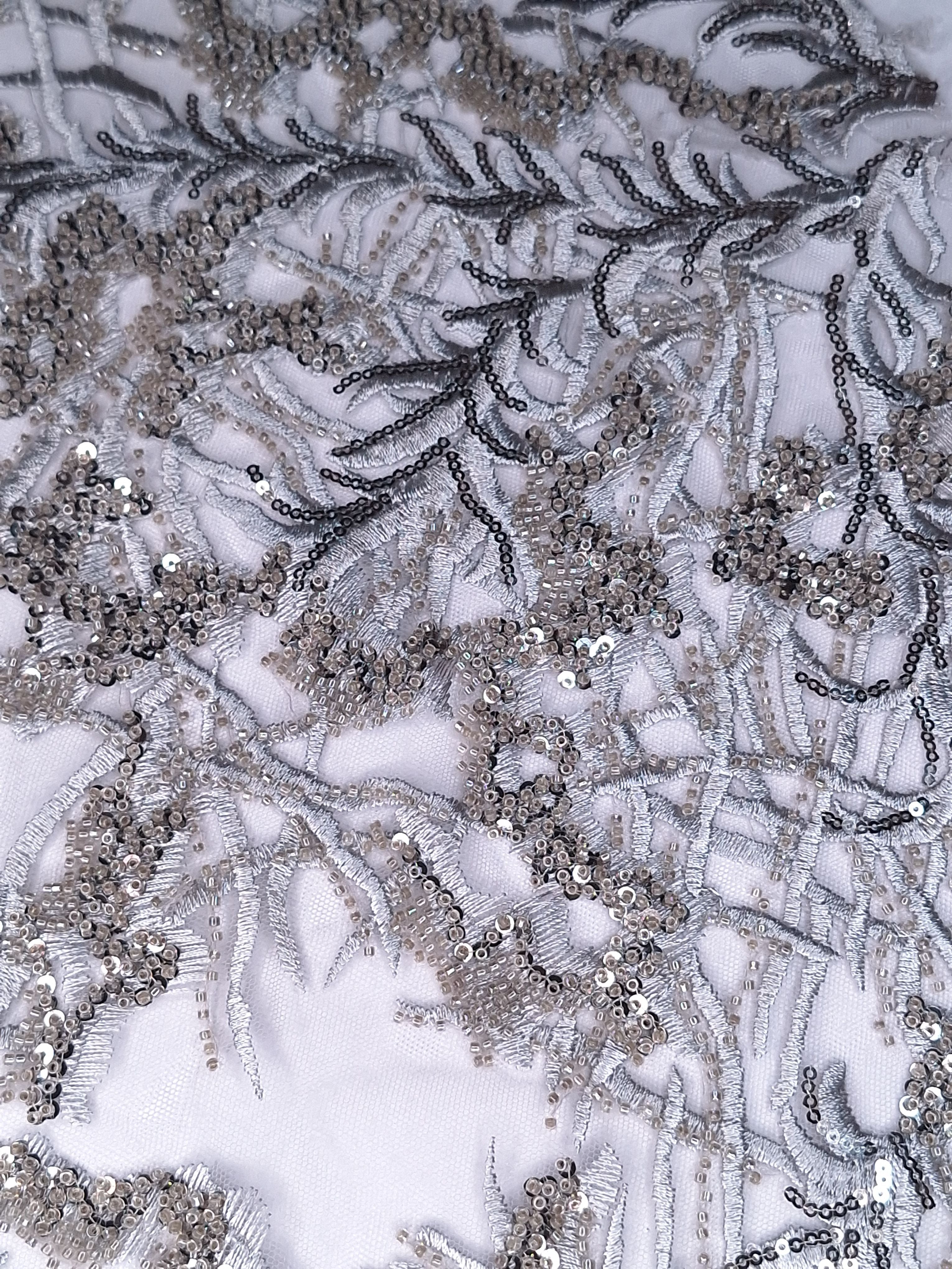 Tul bordado color plata A873, ideal para vestidos de noche de boda y de XV años