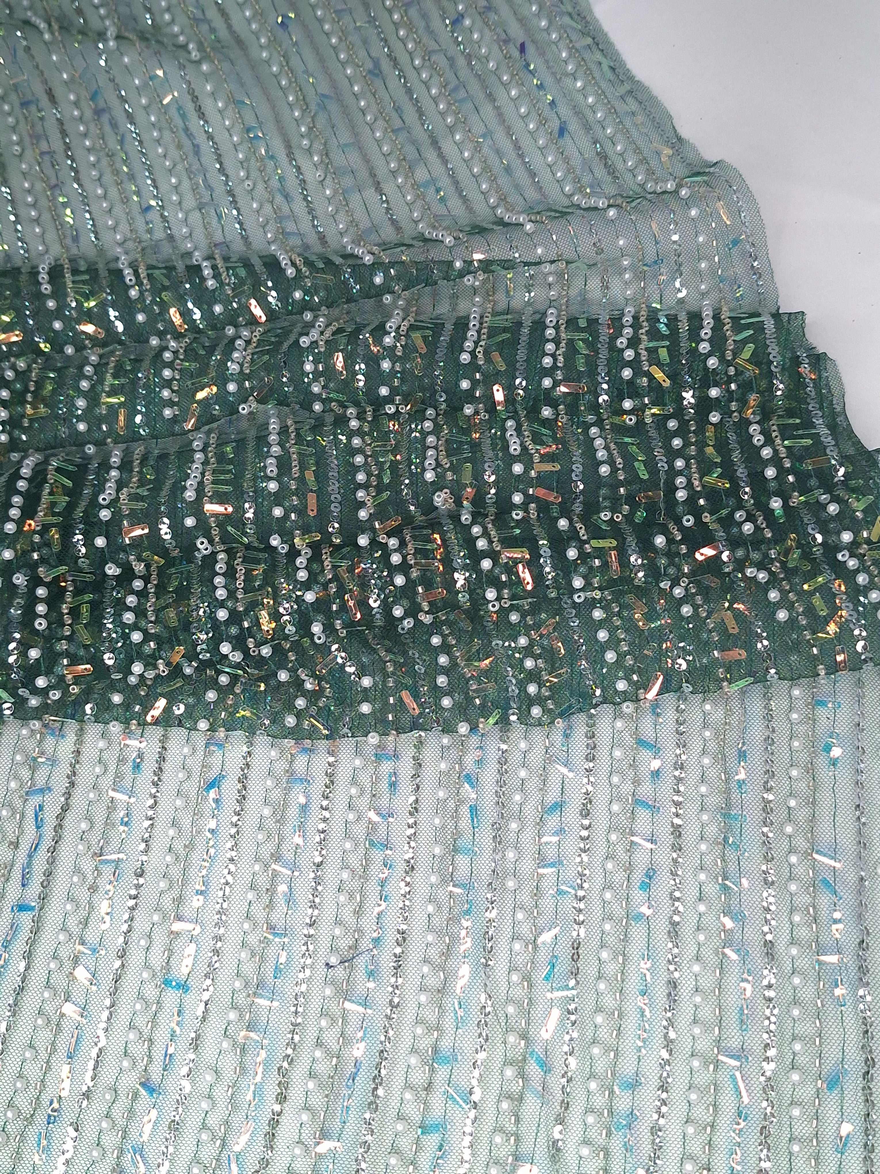 Tul bordado color botella H122, ideal para vestidos de noche de boda y de XV años