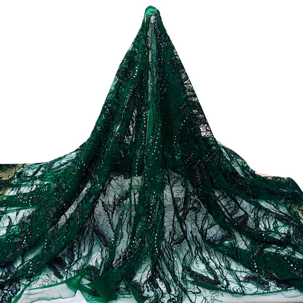 Tul bordado color botella A860, ideal para vestidos de noche de boda y de XV años