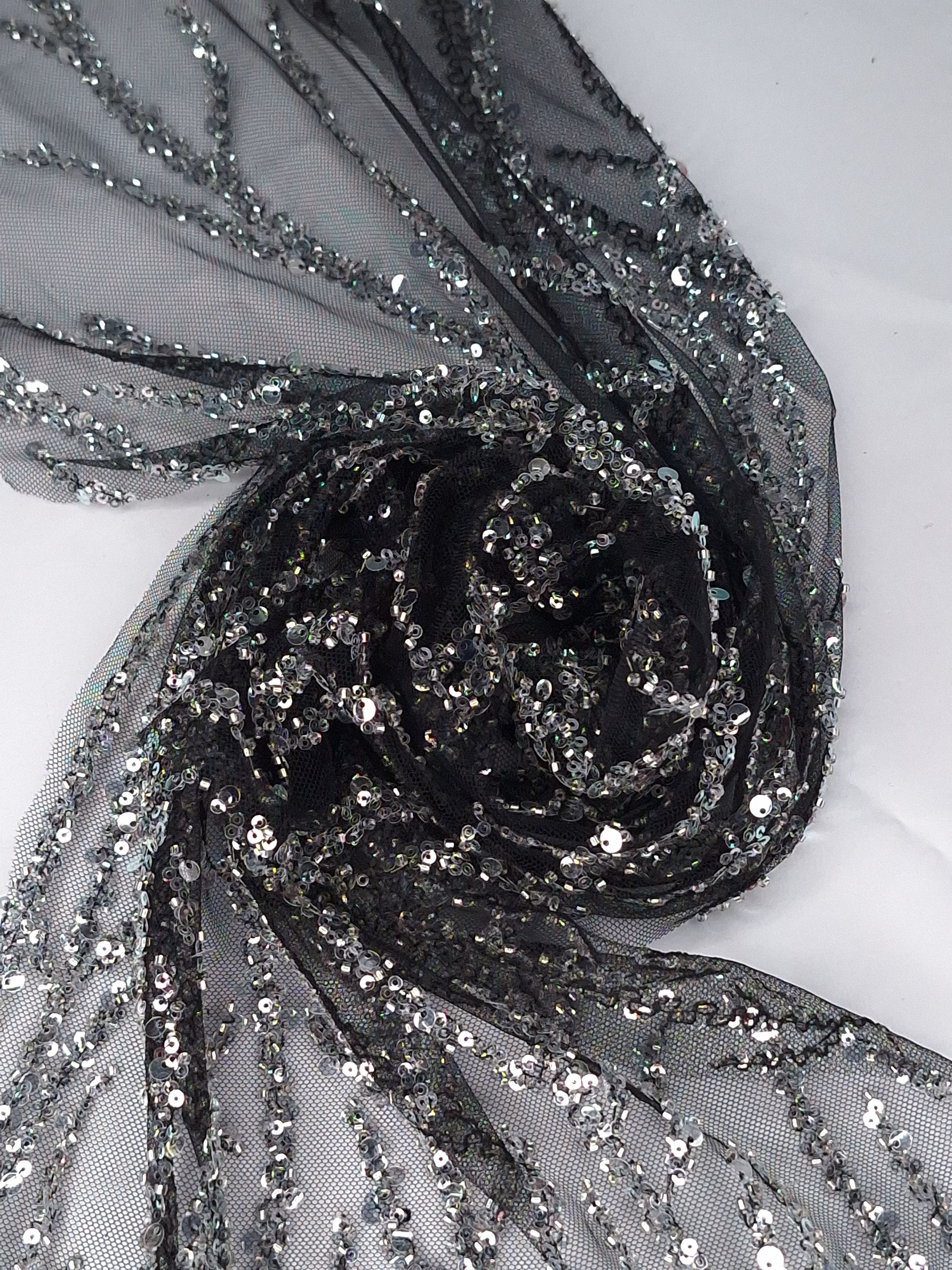 Tul bordado color negro plata A957, ideal para vestidos de noche de boda y de XV años