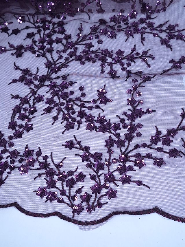 Tul bordado color morado A986, ideal para vestidos de noche de boda y de XV años