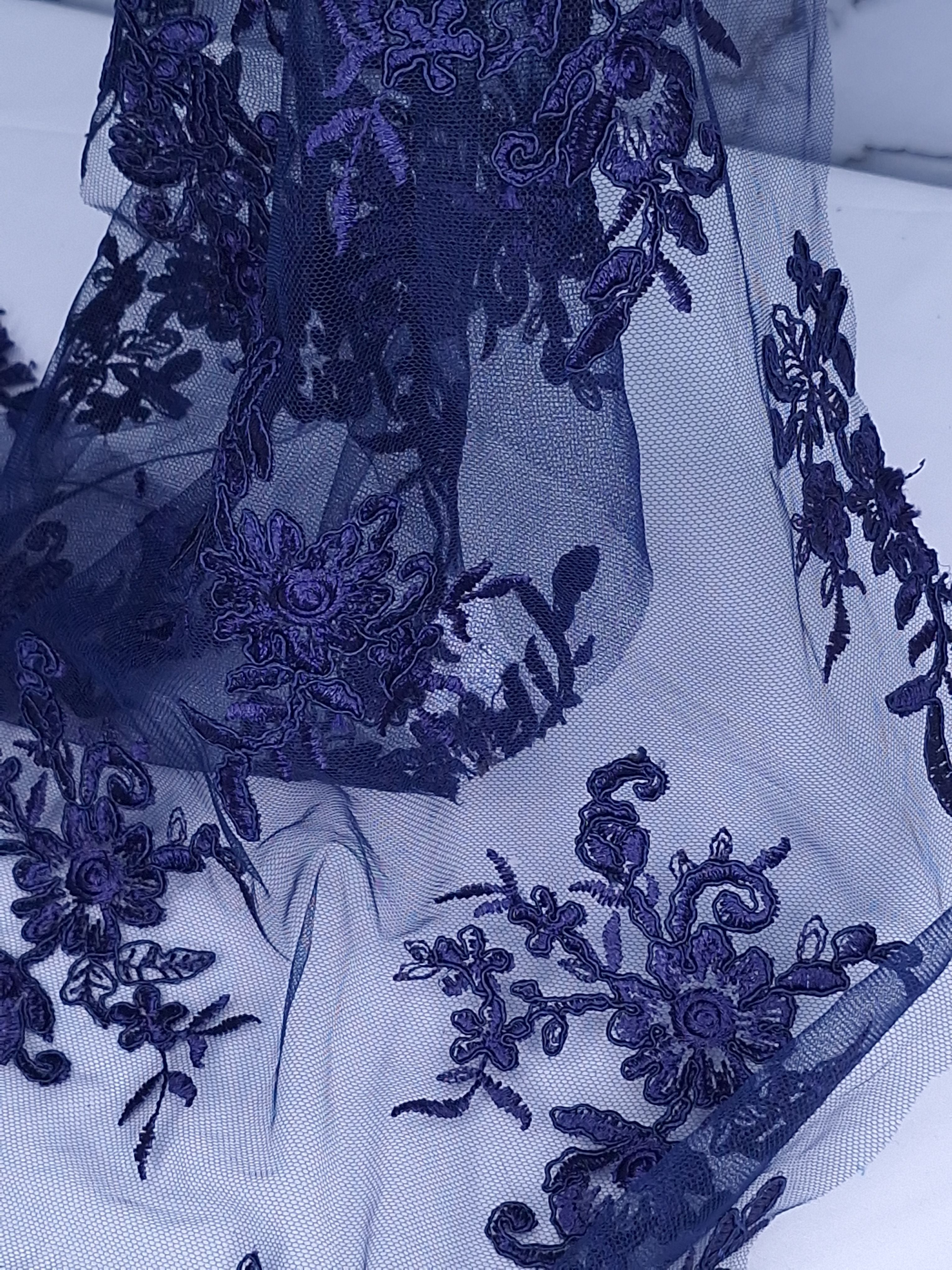 Tul bordado color azul marino A926, ideal para vestidos de noche de boda y de XV años