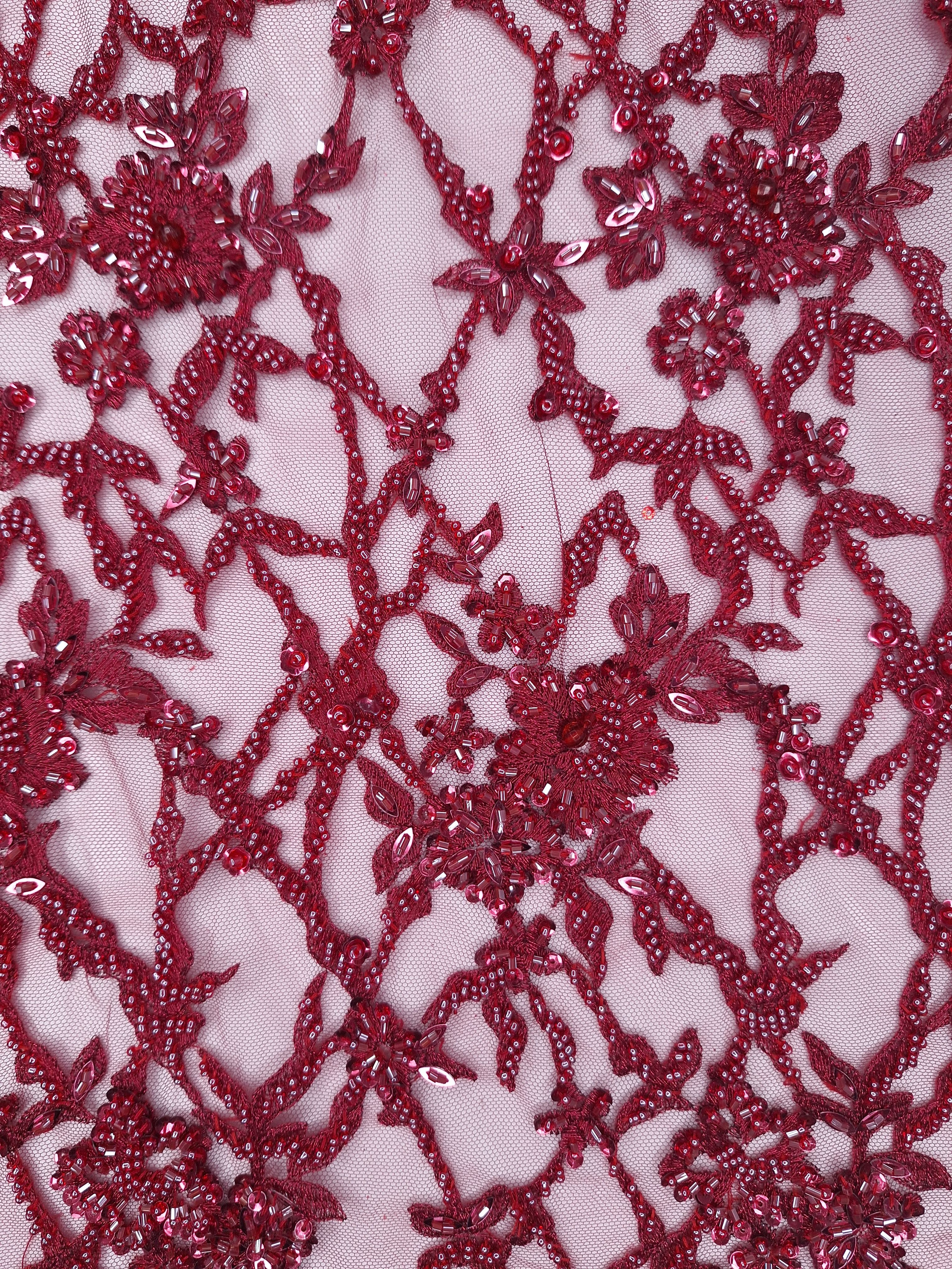 Tul bordado color vino A866, ideal para vestidos de noche de boda y de XV años