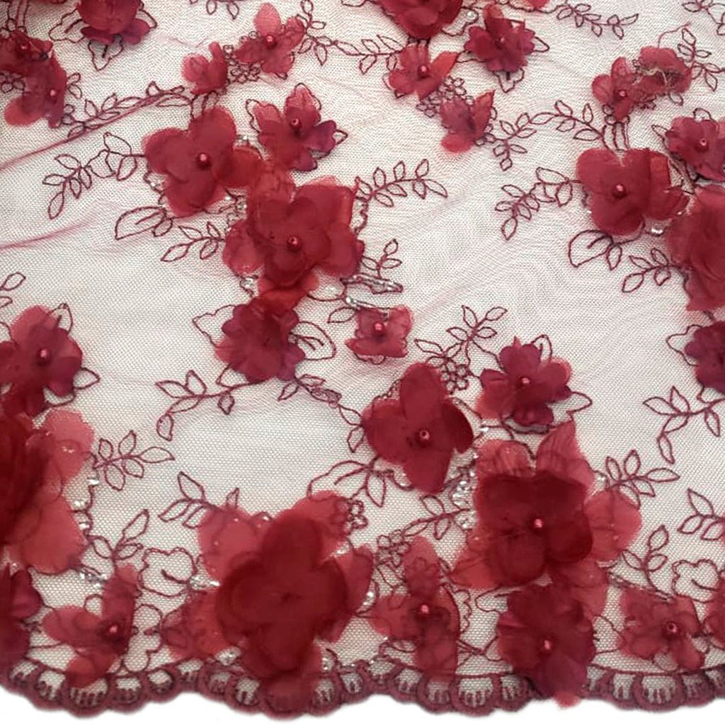 Tul bordado color vino A727, ideal para vestidos de noche de boda y de XV años