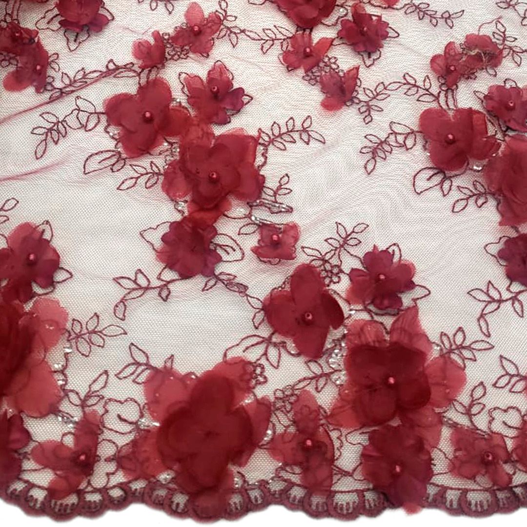 Tul bordado color vino A727, ideal para vestidos de noche de boda y de XV años