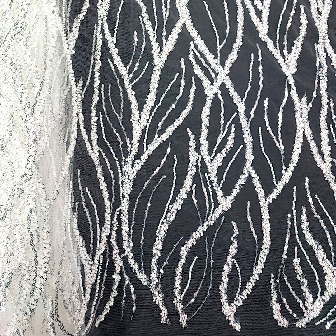 Tul bordado color hueso A825, ideal para vestidos de noche de boda y de XV años