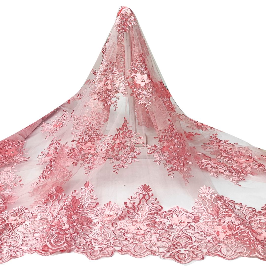 Tul bordado color rosa A858, ideal para vestidos de noche de boda y de XV años