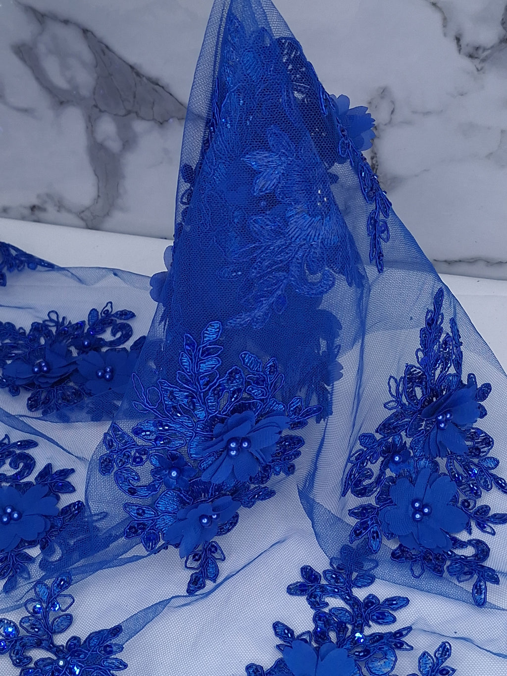 Tul bordado color azul rey H163, ideal para vestidos de noche de boda y de XV años