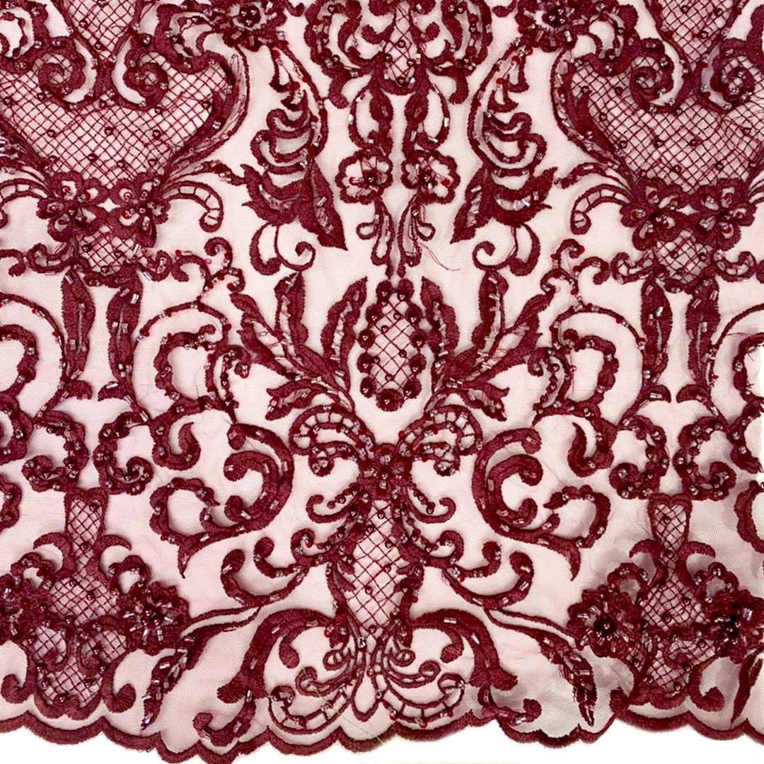 Tul bordado color vino A778, ideal para vestidos de noche de boda y de XV años
