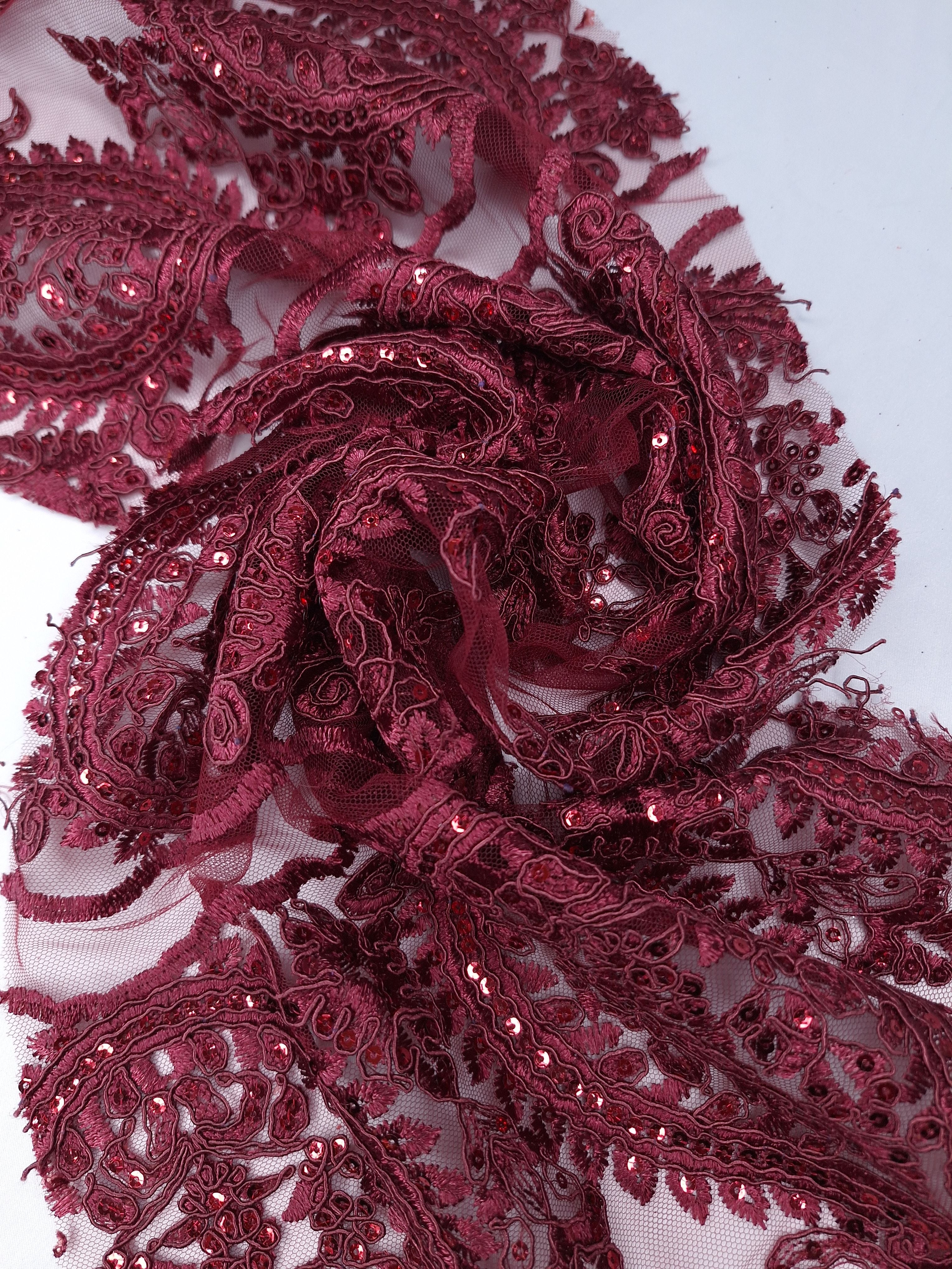 Tul bordado color vino H129, ideal para vestidos de noche de boda y de XV años