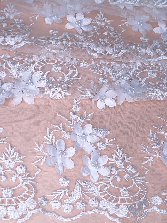 Tul bordado color blanco H139, ideal para vestidos de noche de boda y de XV años