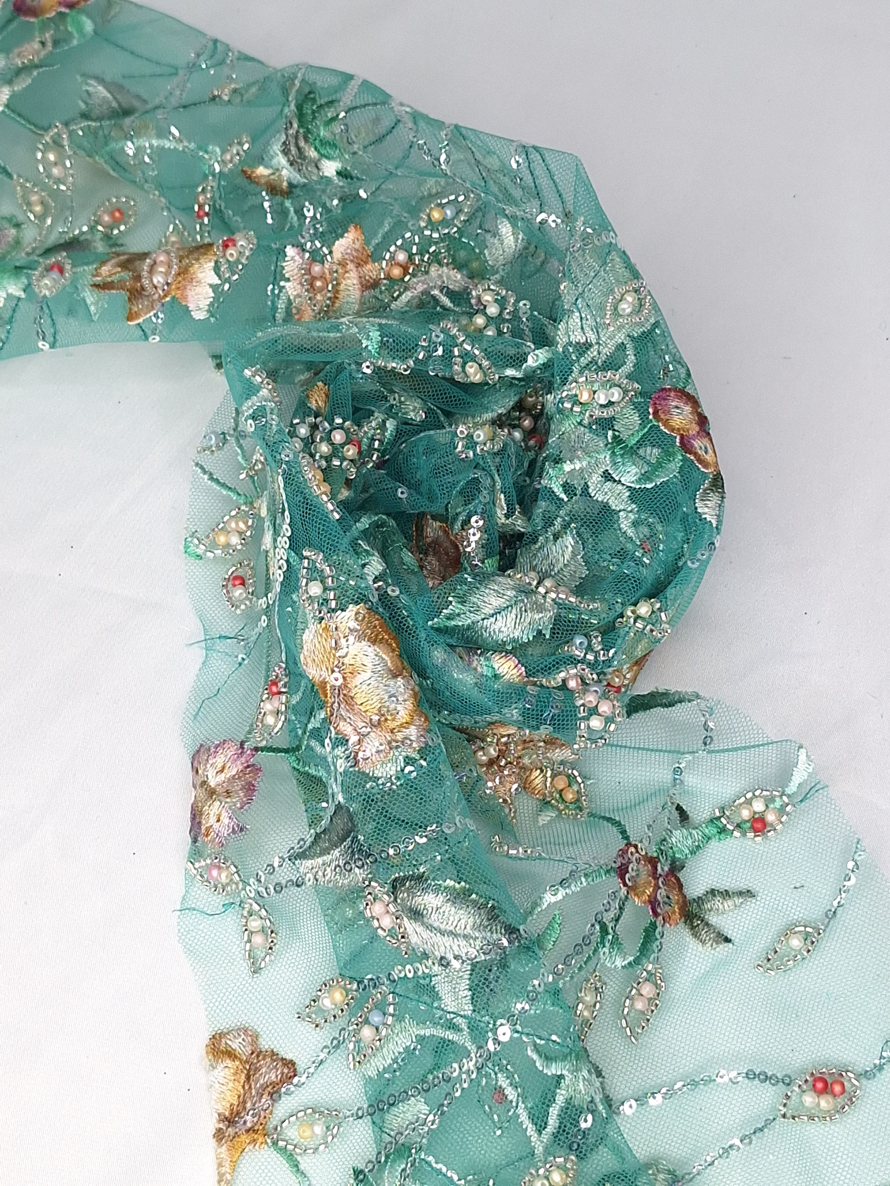 Tul bordado color verde H073, ideal para vestidos de noche de boda y de XV años