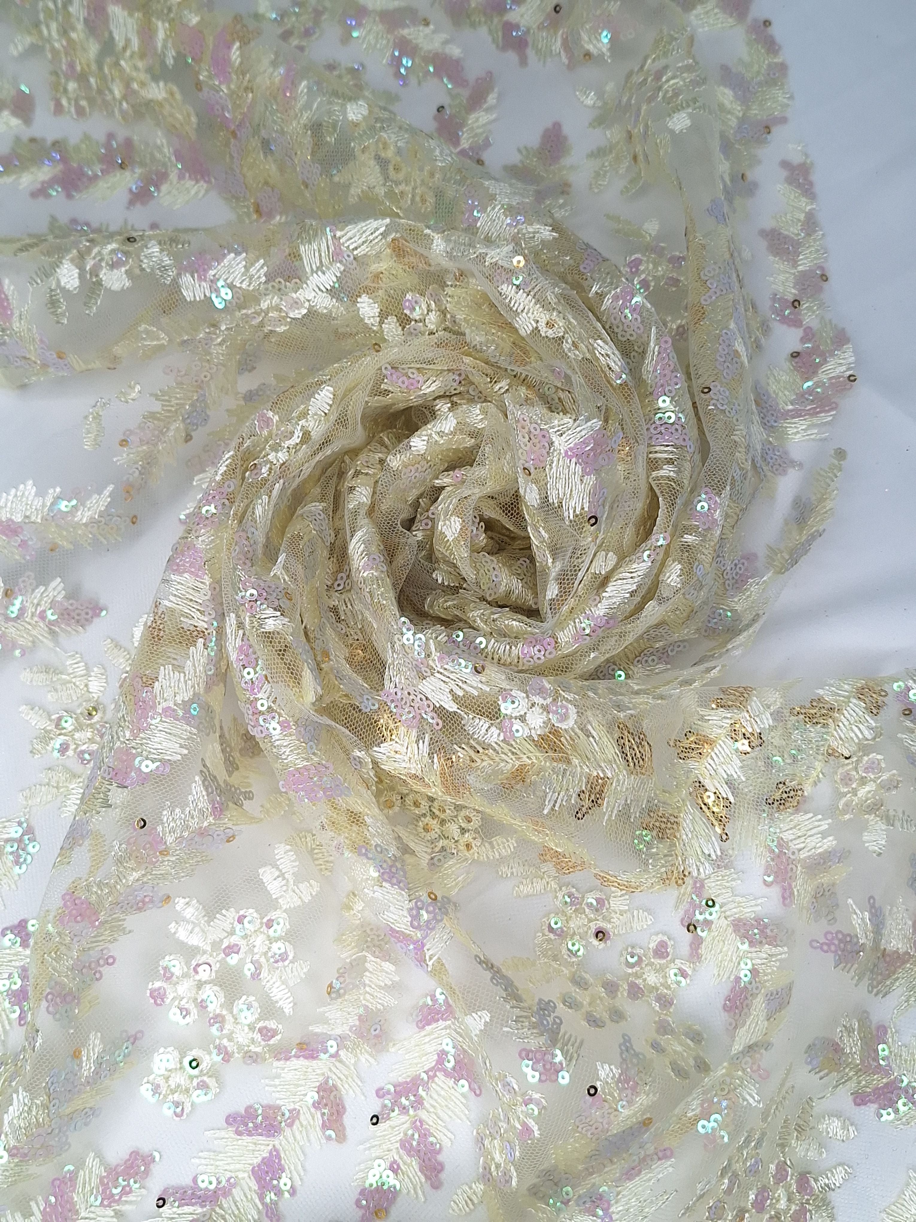 Tul bordado color amarillo H213, ideal para vestidos de noche de boda y de XV años