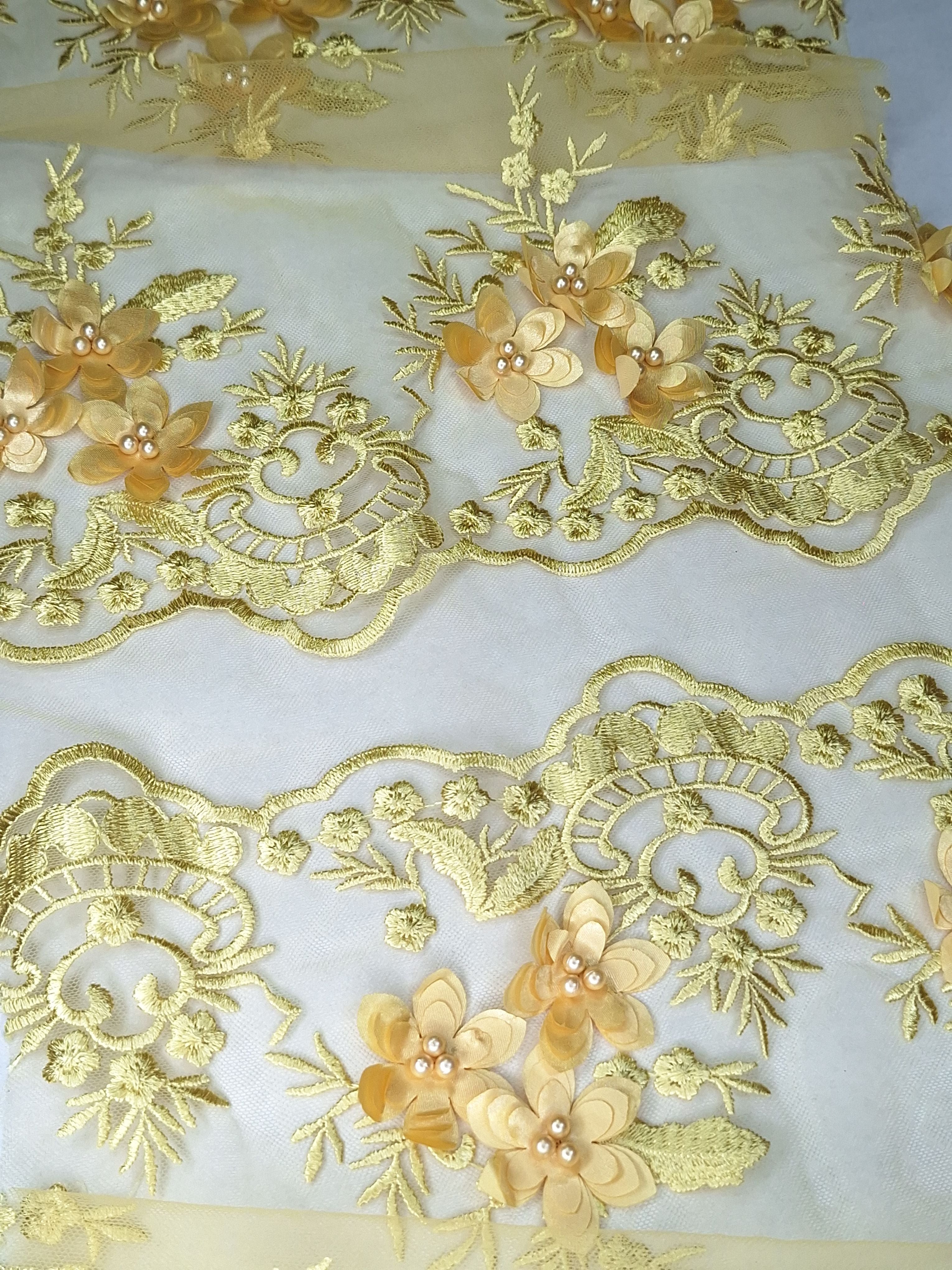 Tul bordado color amarillo H139, ideal para vestidos de noche de boda y de XV años