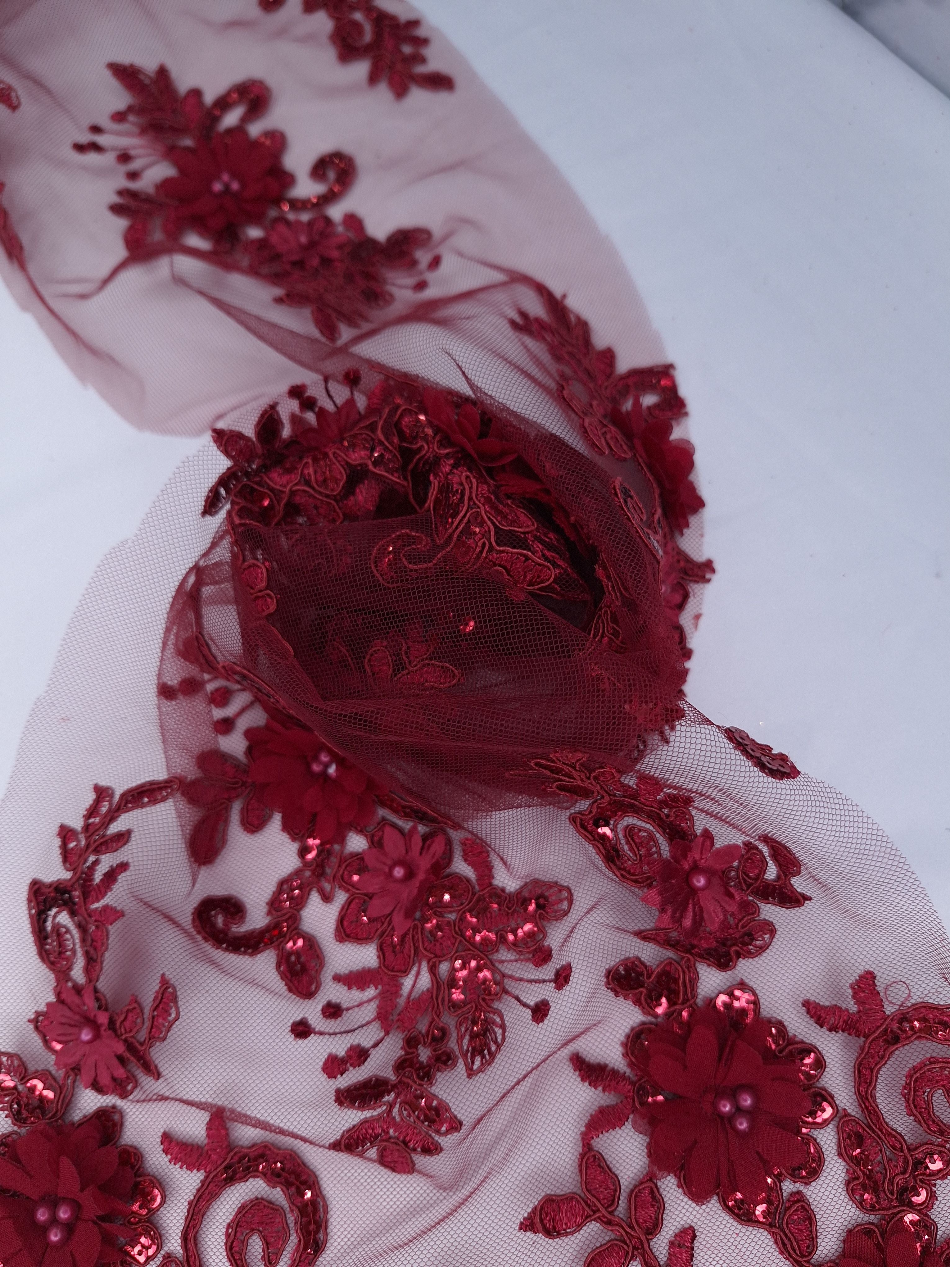 Tul bordado color vino H164, ideal para vestidos de noche de boda y de XV años