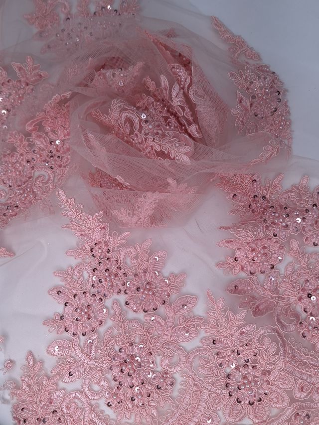Tul bordado color rosa A948, ideal para vestidos de noche de boda y de xv años