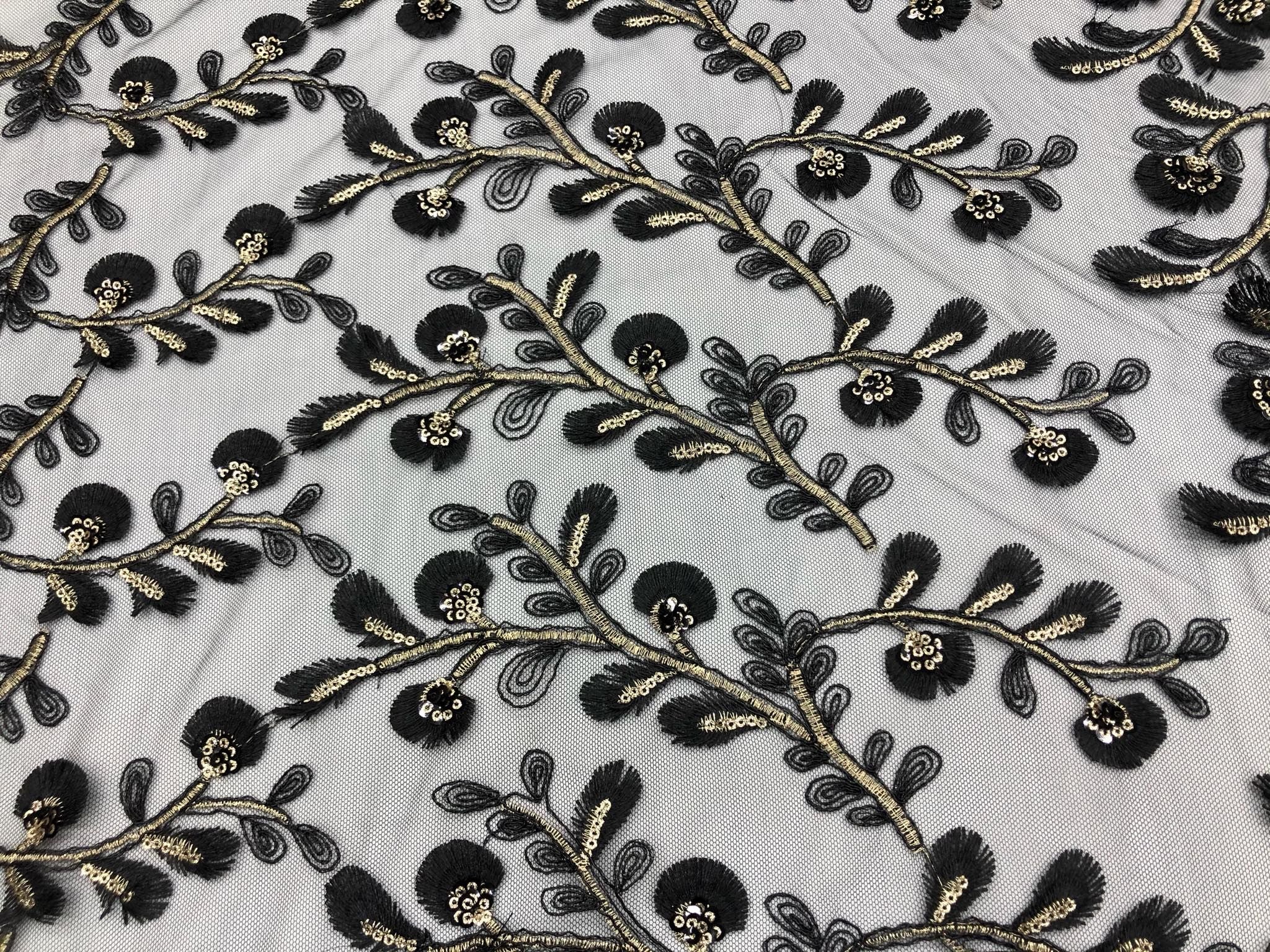 Tul bordado color negro A630, ideal para vestidos de noche de boda y de XV años