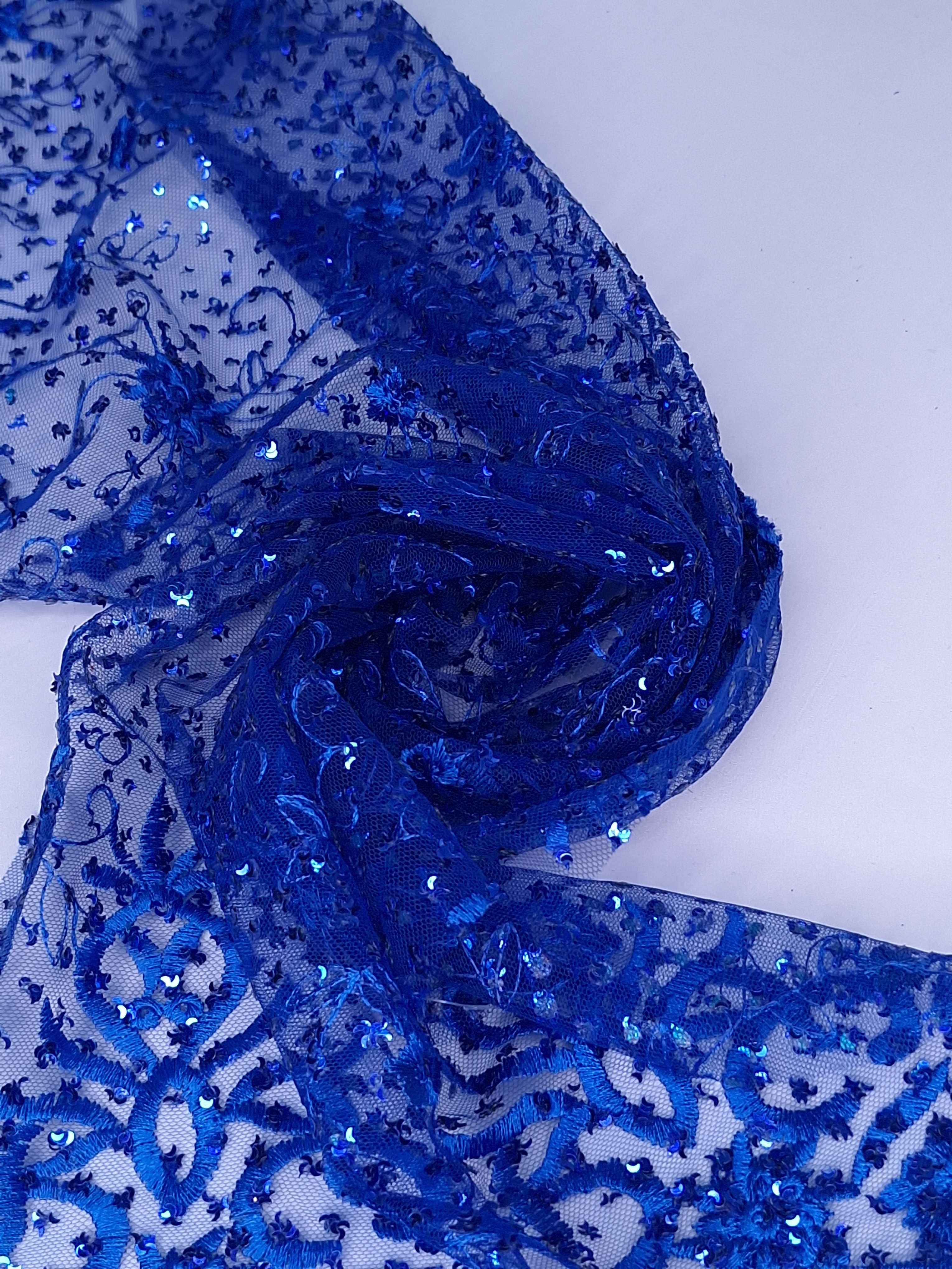 Tul bordado color azul rey H099, ideal para vestidos de noche de boda y de XV años