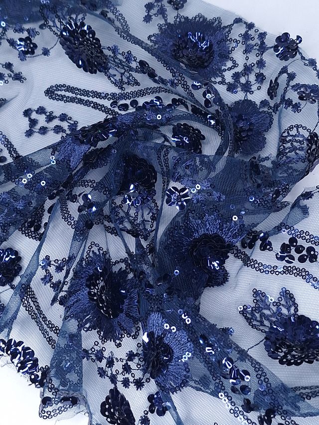 Tul bordado color azul marino HH104, ideal para vestidos de noche de boda y de XV años