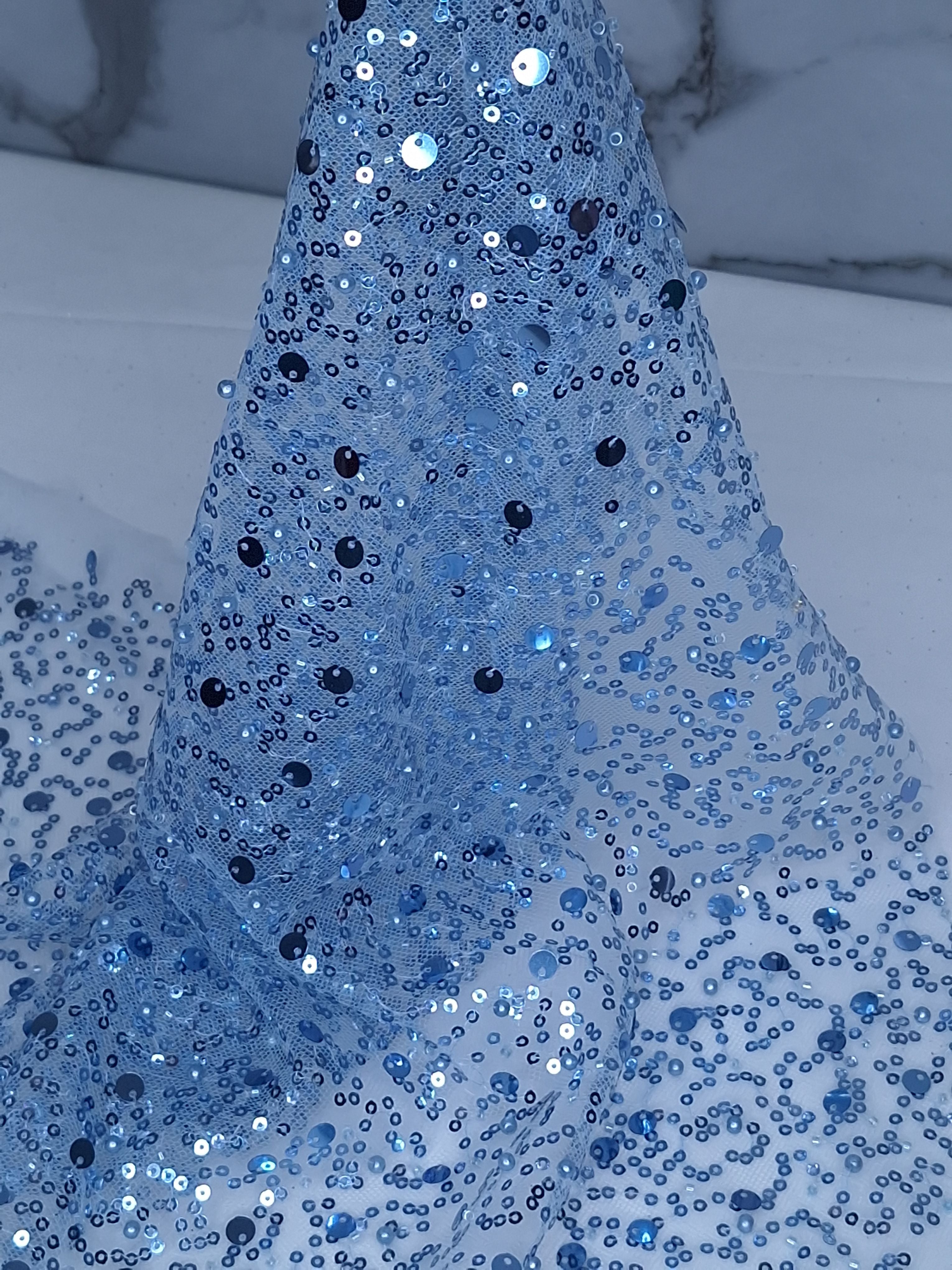 Tul bordado color cielo H071, ideal para vestidos de noche de boda y de XV años