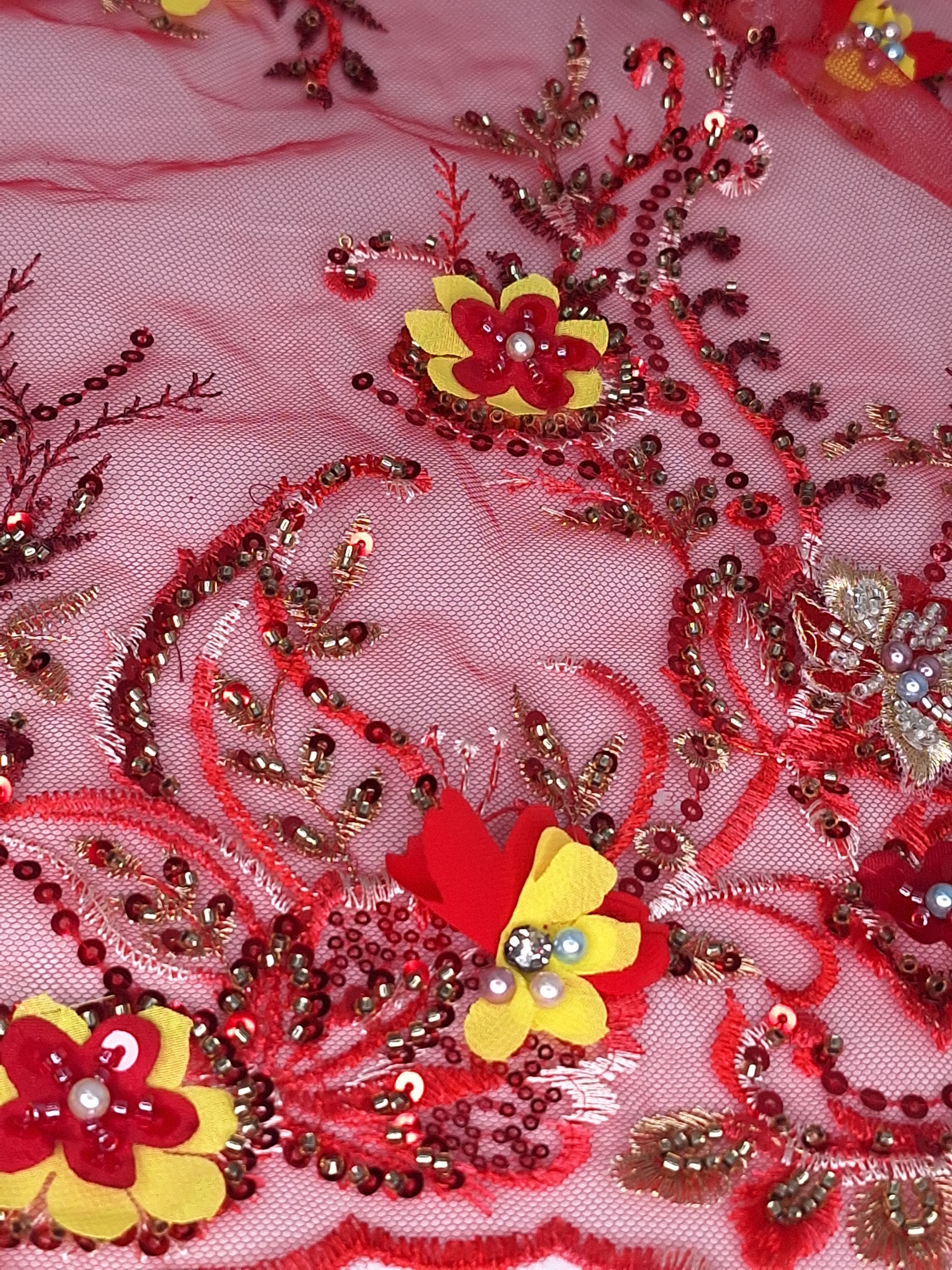 Tul bordado color rojo A974, ideal para vestidos de noche de boda y de XV años