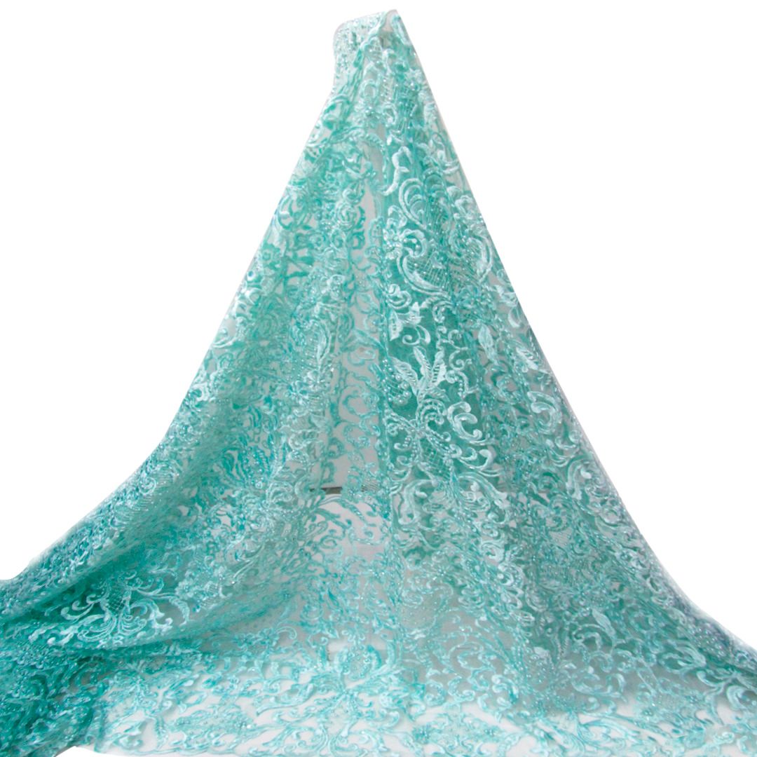 Tul bordado color menta A778, ideal para vestidos de noche de boda y de XV años