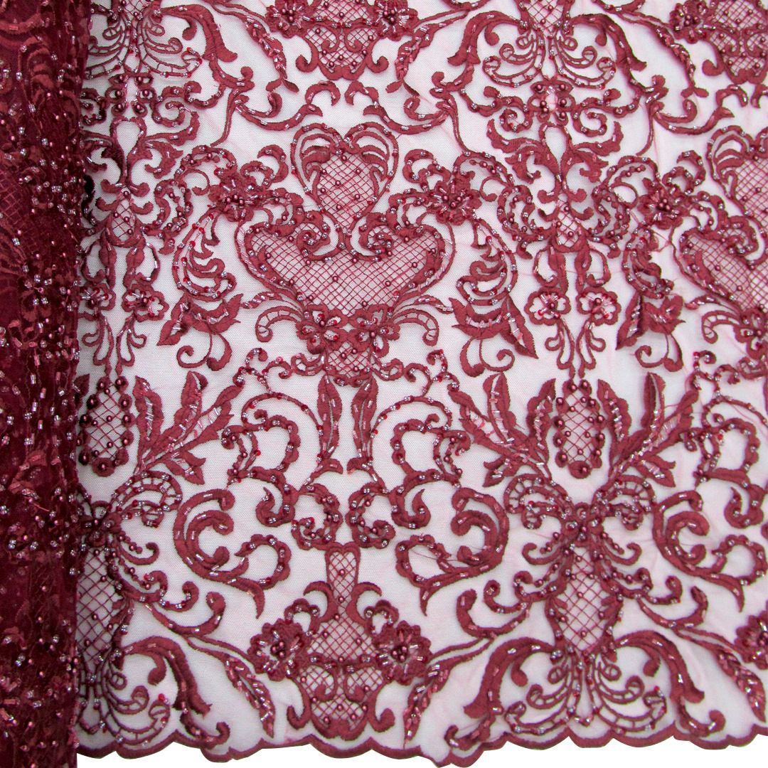 Tul bordado color vino A778, ideal para vestidos de noche de boda y de XV años