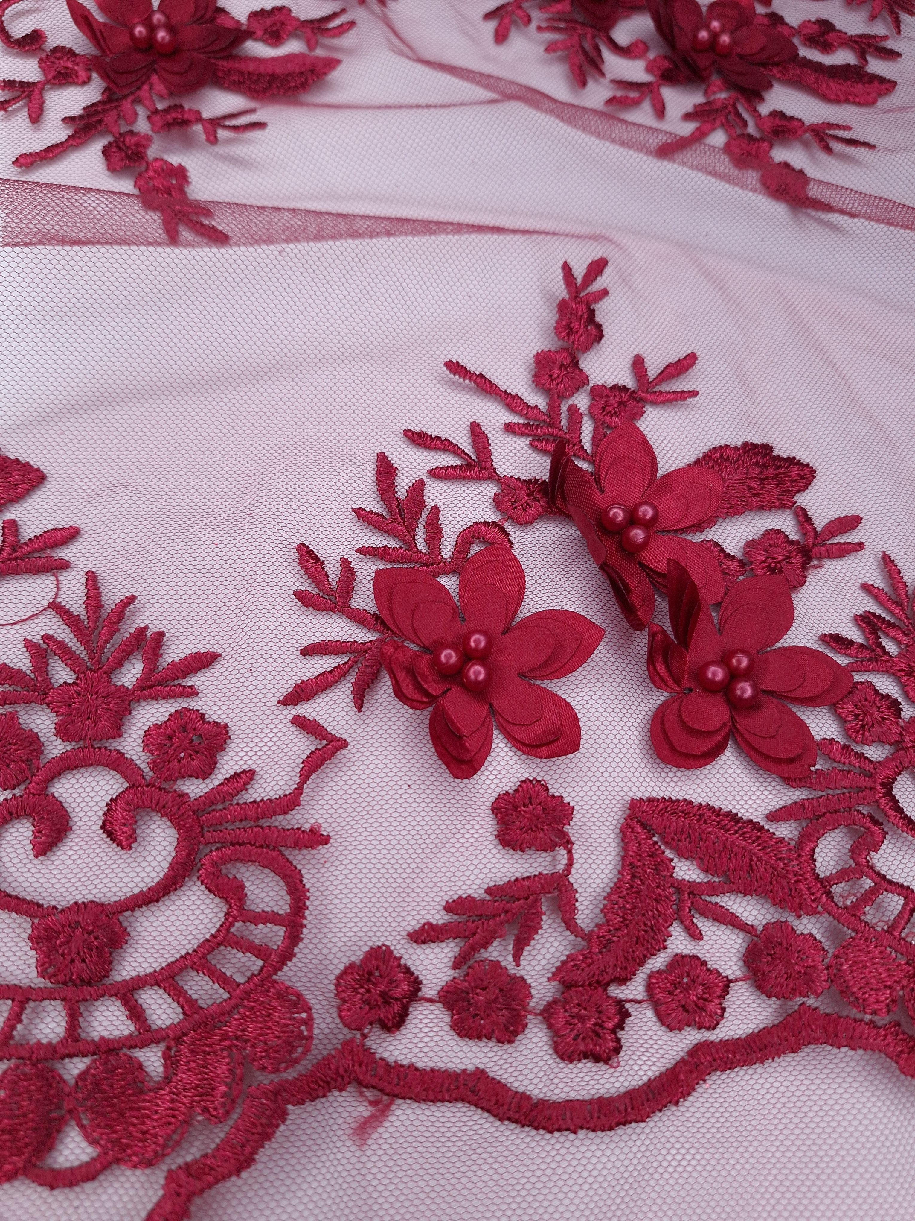 Tul bordado color vino H139, ideal para vestidos de noche de boda y de XV años