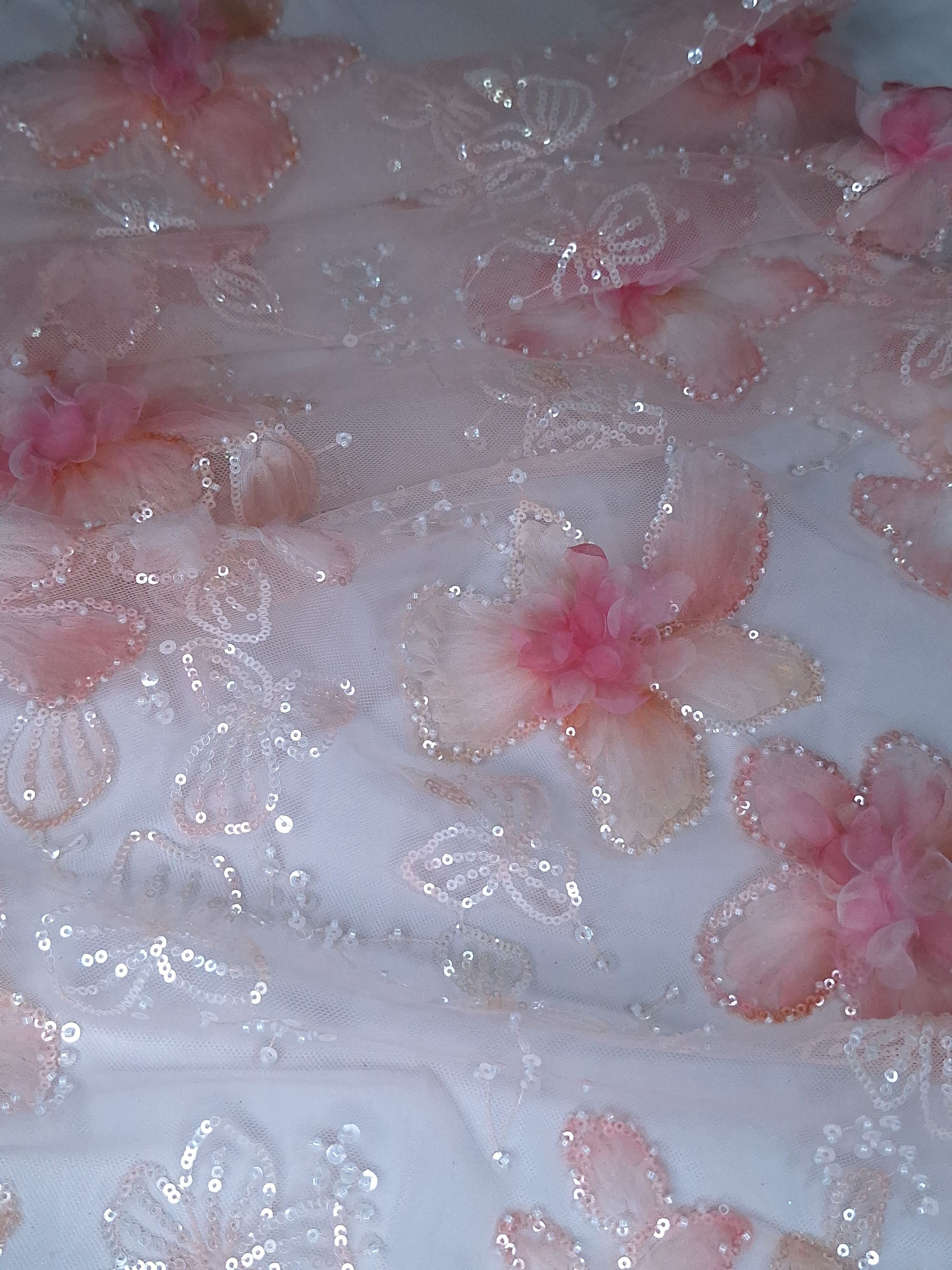 Tul bordado color rosa H148, ideal para vestidos de noche de boda y de XV años