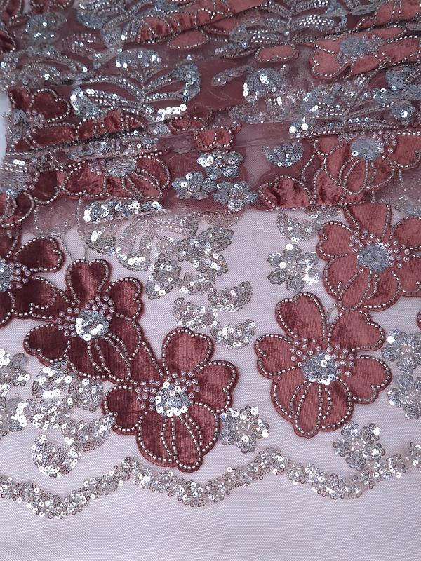 Tul bordado color ladrillo H234, ideal para vestidos de noche de boda y de XV años