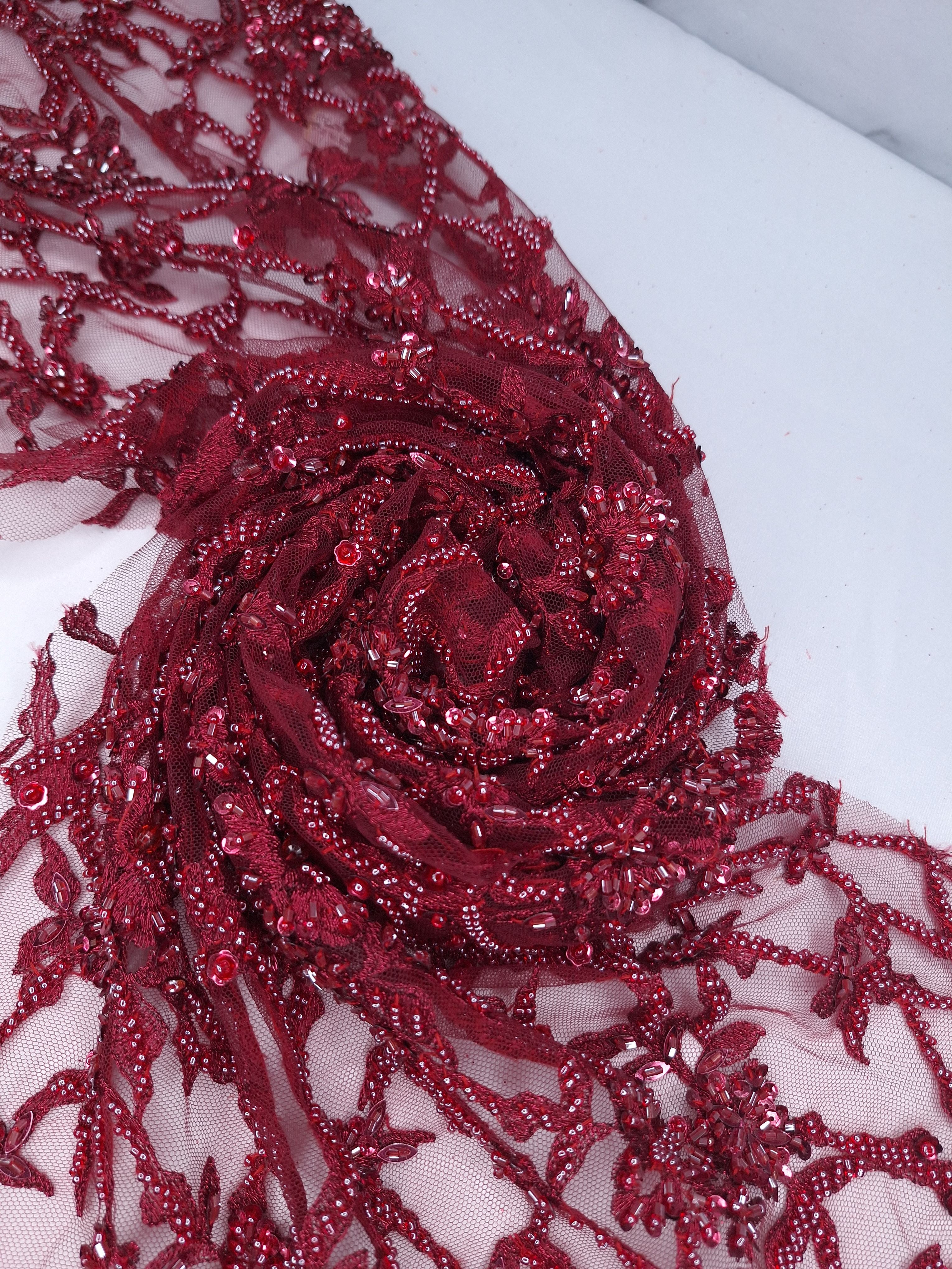 Tul bordado color vino A866, ideal para vestidos de noche de boda y de XV años