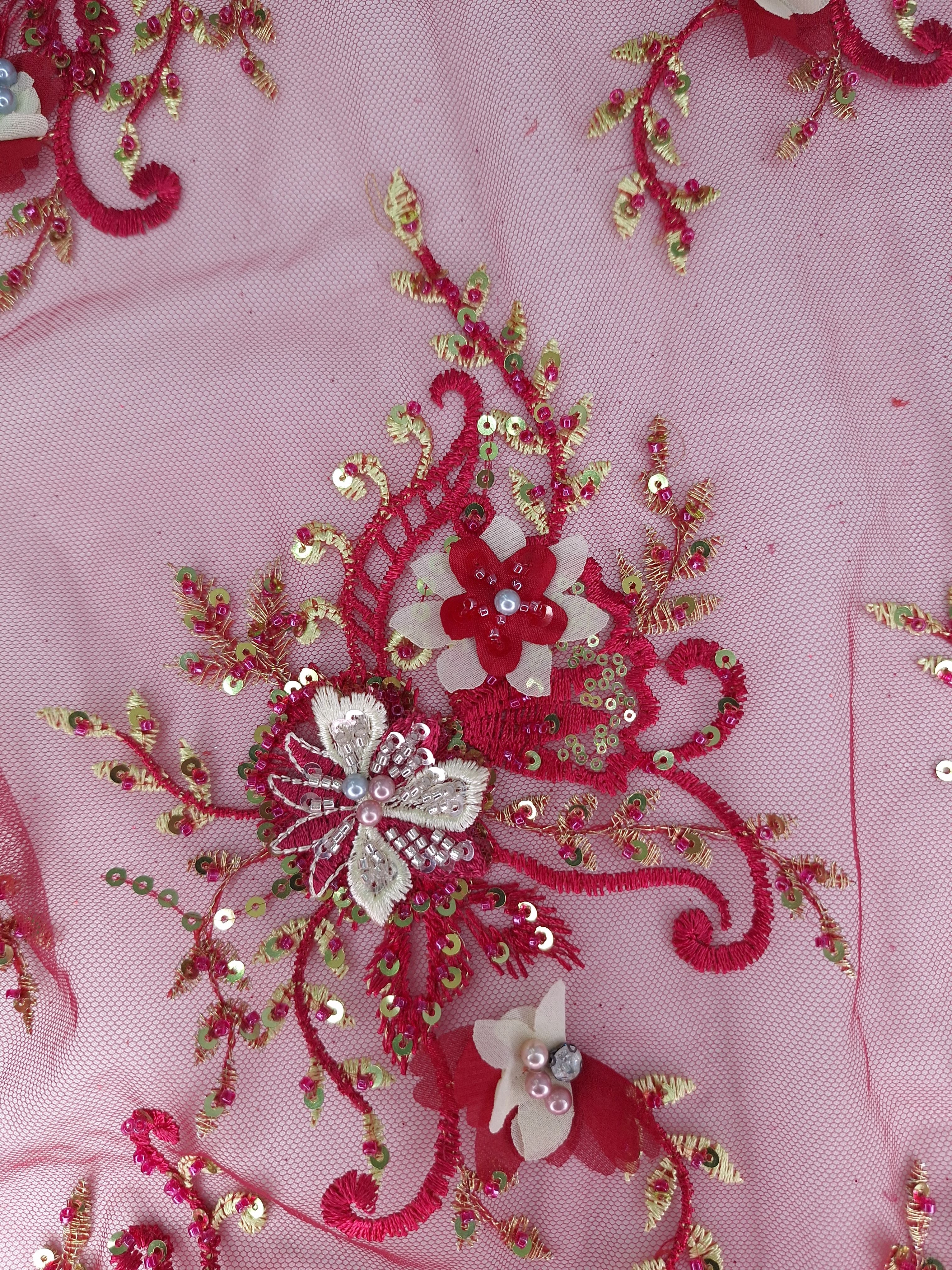 Tul bordado color vino A974, ideal para vestidos de noche de boda y de XV años