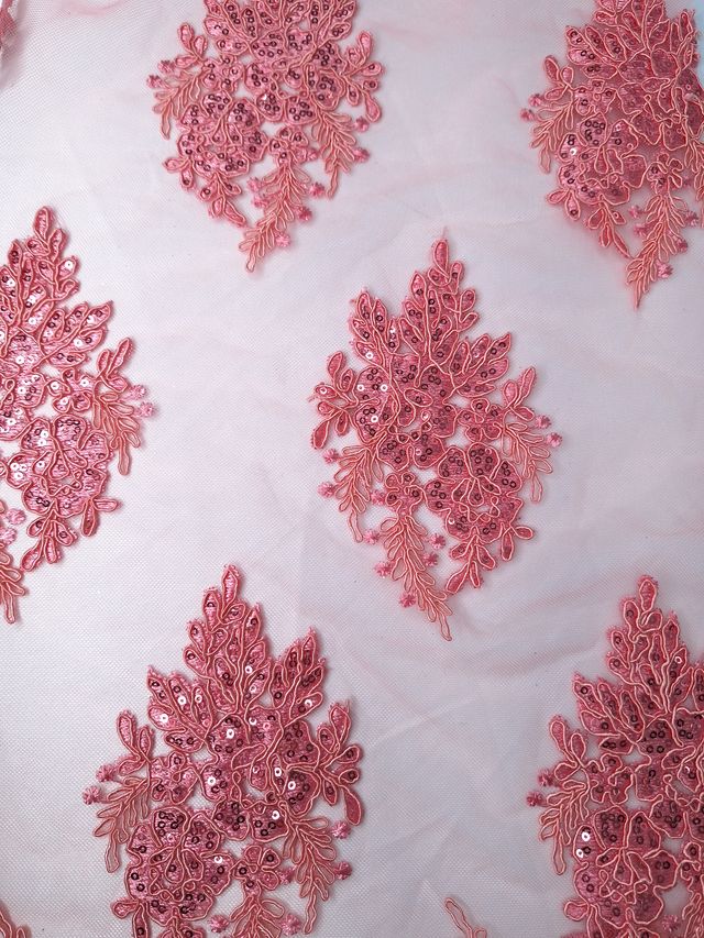 Tul bordado color rosa coral A961, ideal para vestidos de noche de boda y de xv años