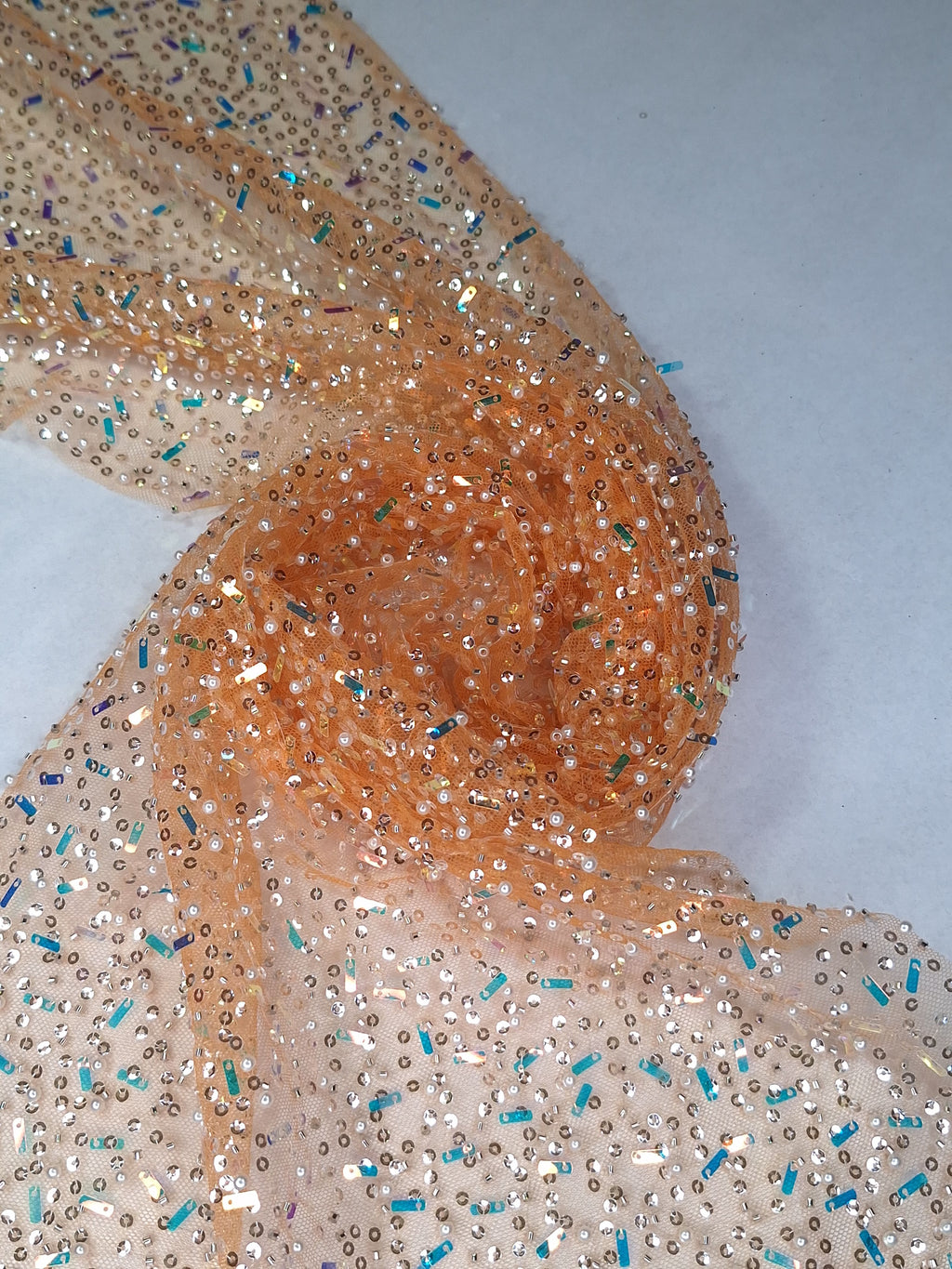 Tul bordado color naranja H121, ideal para vestidos de noche de boda y de XV años