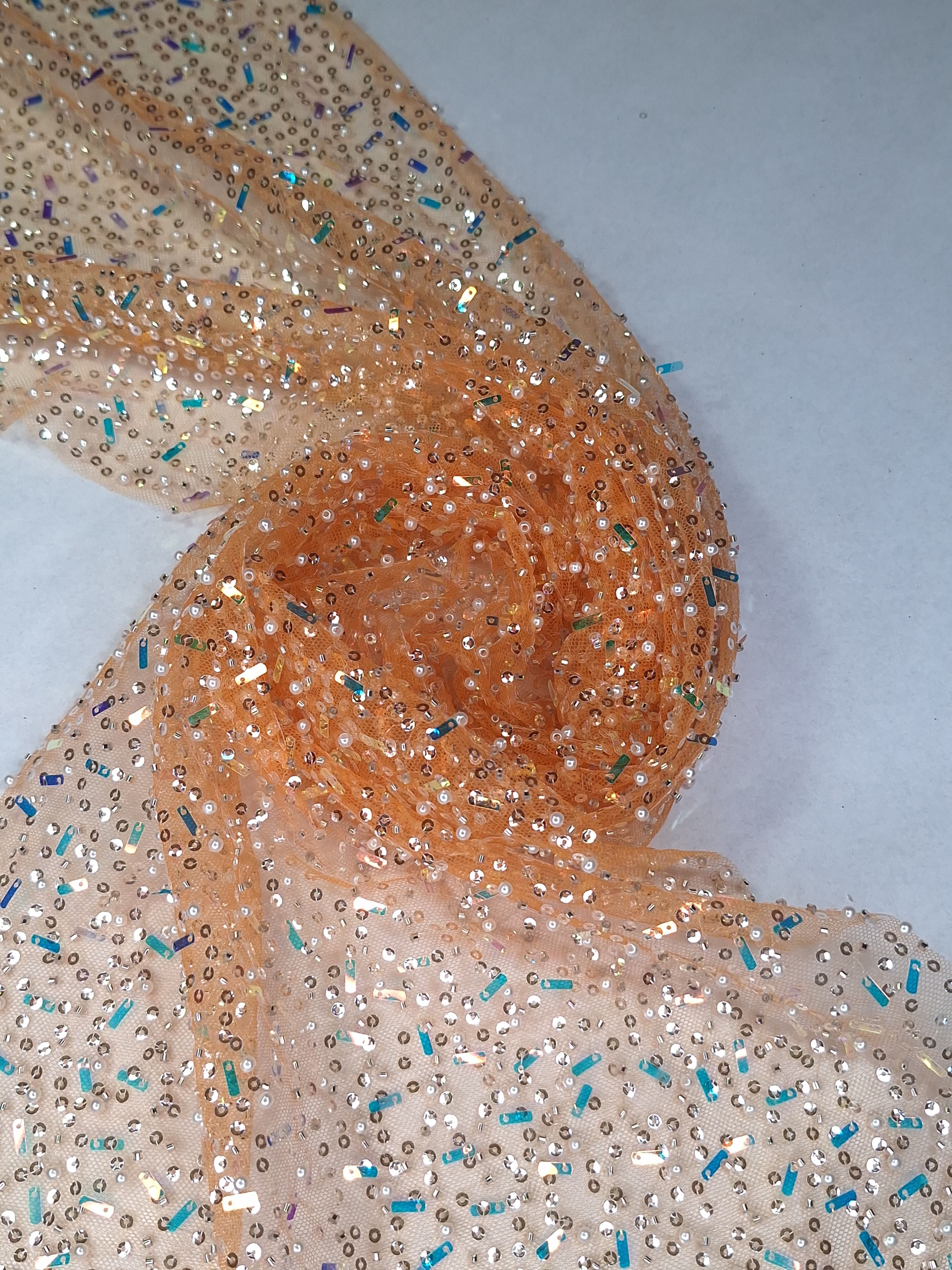 Tul bordado color naranja H121, ideal para vestidos de noche de boda y de XV años