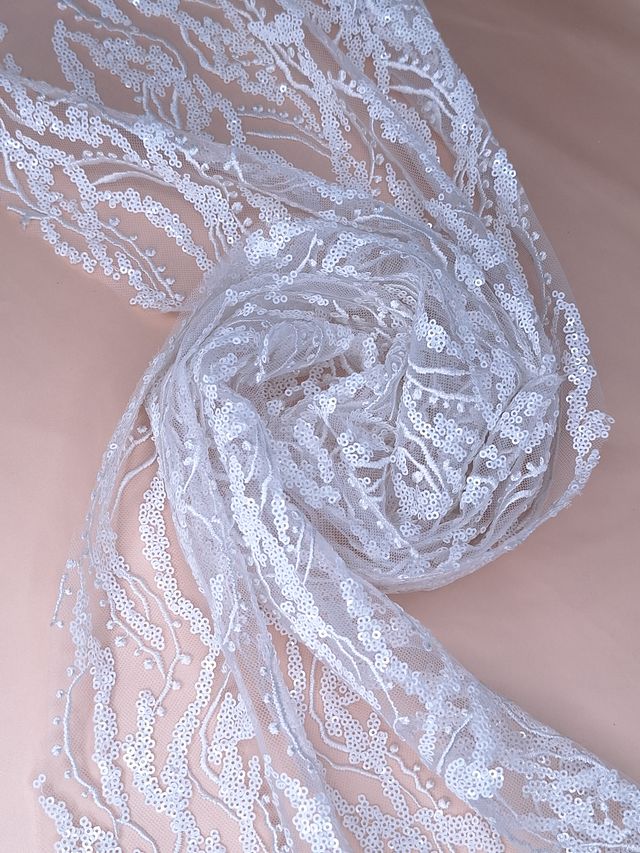 Tul bordado color blanco A925, ideal para vestidos de noche de boda y de XV años