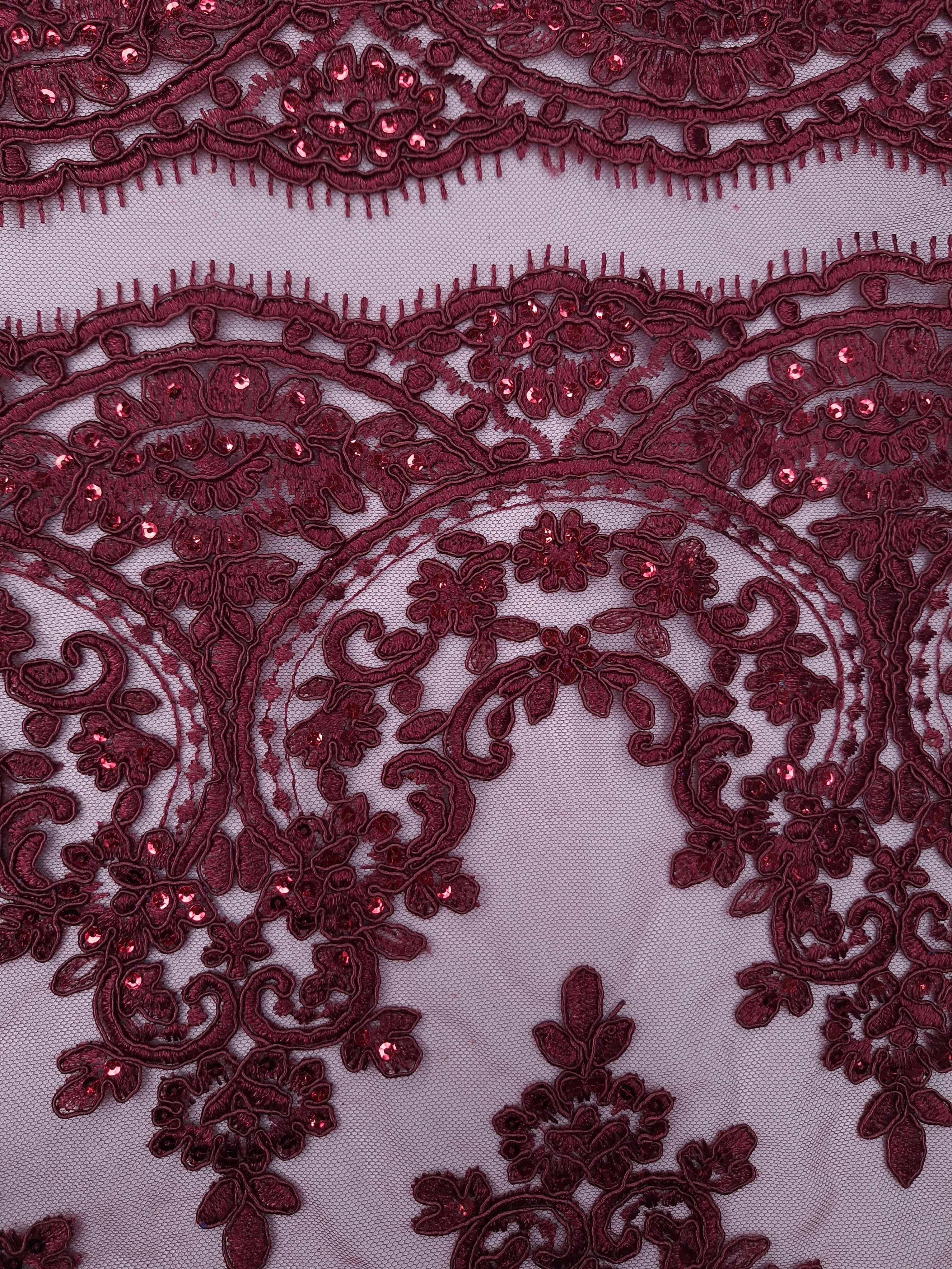 Tul bordado color vino H130, ideal para vestidos de noche de boda y de XV años