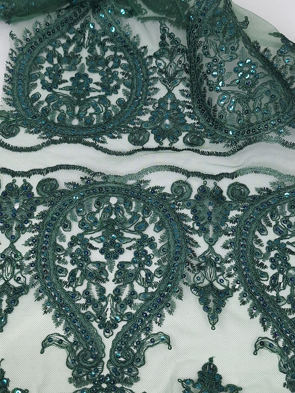 Tul bordado color botella H129, ideal para vestidos de noche de boda y de XV años